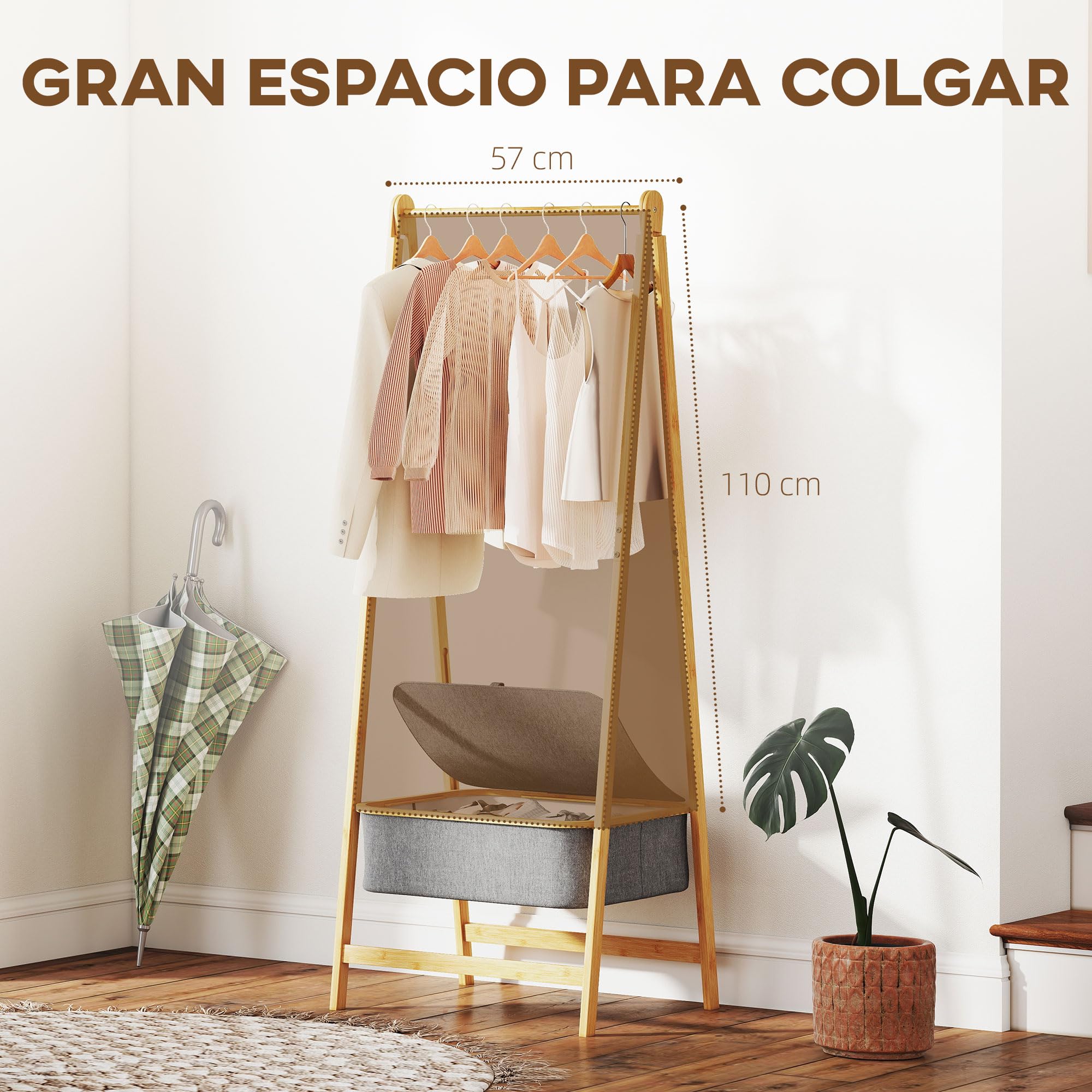 HOMCOM Burro Ropa de Bambú para Entrada 60x44,5x157,5 cm Natural y Gris