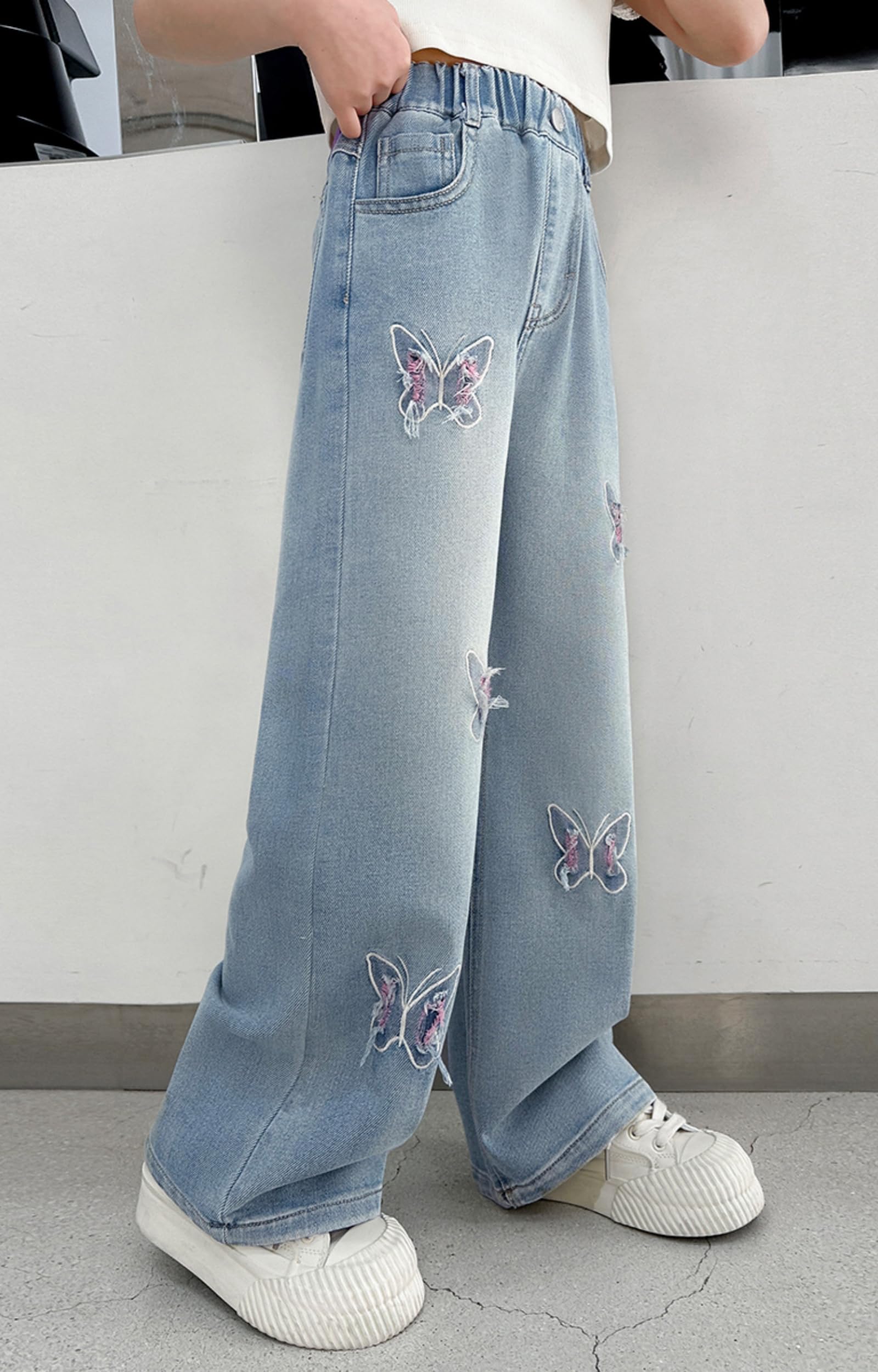 Rolanko Jeans holgados para niñas, pantalones de mezclilla desgastados, cintura elástica, pierna ancha, ajuste holgado de 4 a 14 años