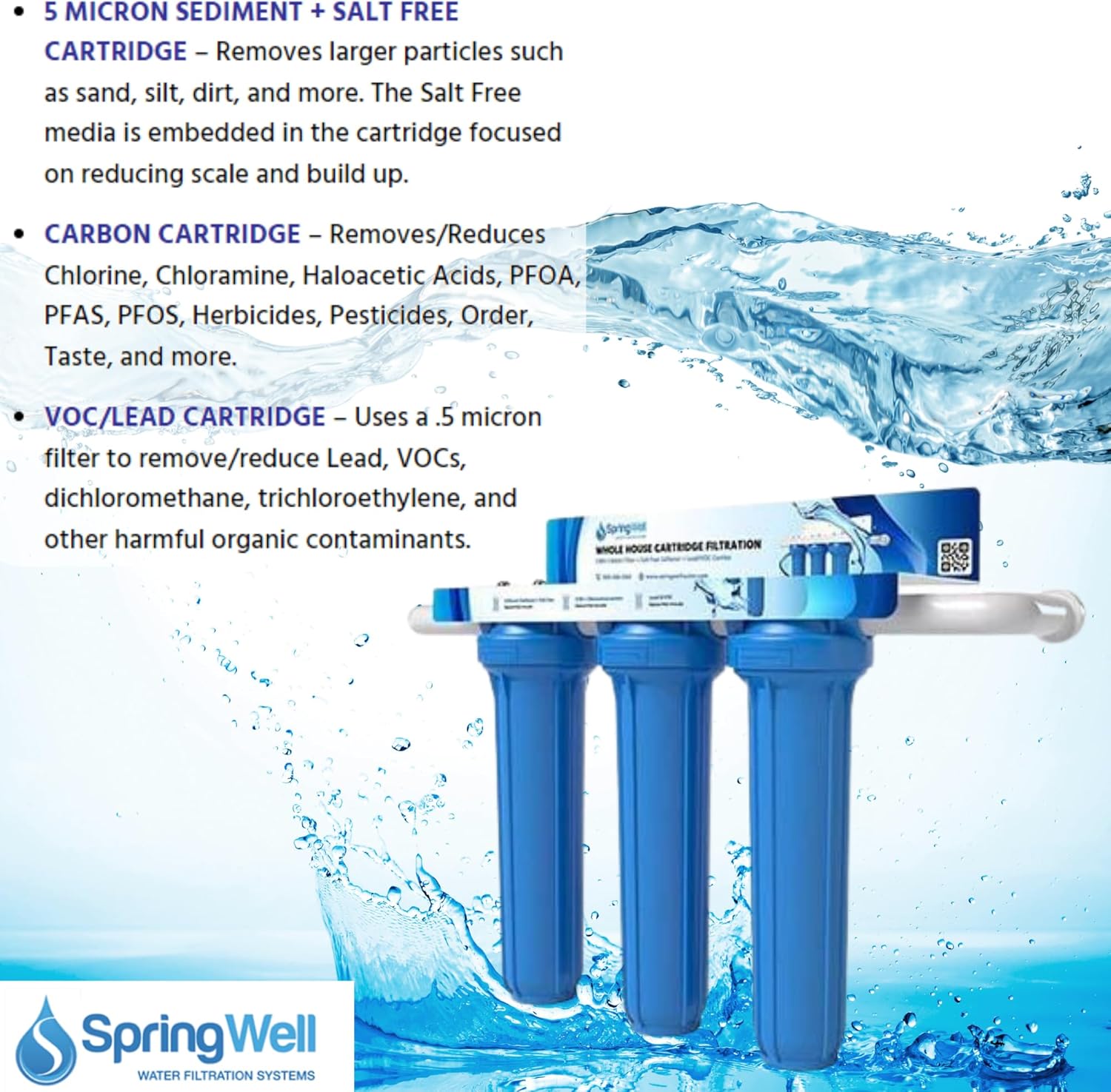 SpringWell Whole House Water Filter Cartridge System - Carbon + Sediment Filter + Salt Free Softener + VOCs/Lead