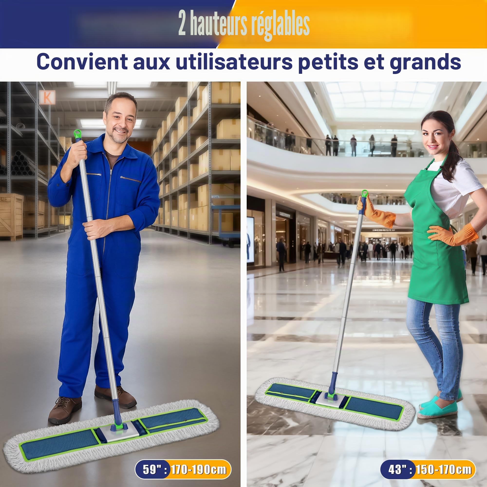 Grand balai plat industriel : 104 cm de large et très résistant pour sols en bois dur – Plumeau pour sols secs avec 2 tampons de 150 cm de long manche pour garage, entrepôt, nettoyage d'usine