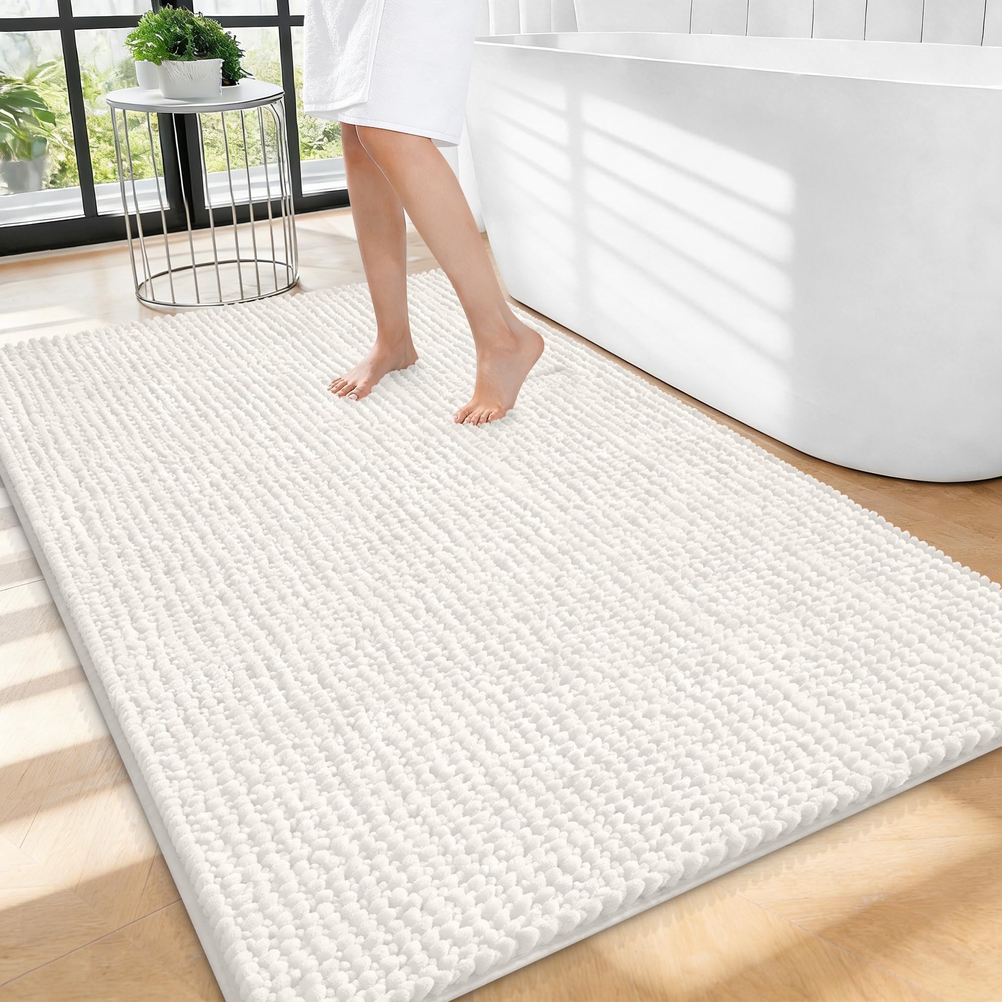 OLANLY Thick Chenille Large Bathroom Rugs 40x32, Absorbent Bath Mat, Ivory