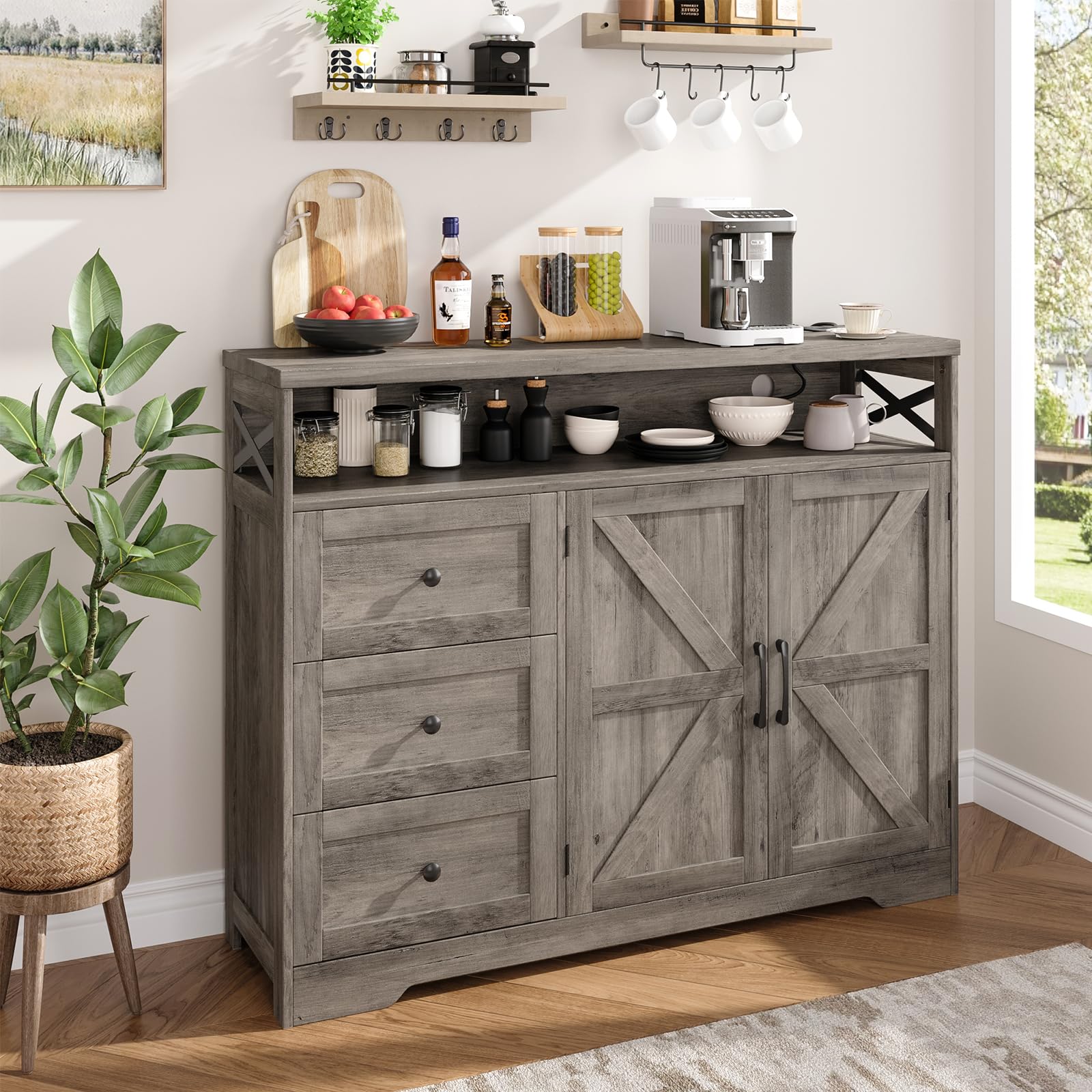 Vabches 47''W Farmhouse Sideboard Buffet Cabinet with Charging Station and 3 Drawers, Coffee Bar with Adjustable Shelf, Rustic Accent Cabinet with