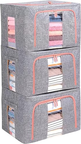 Tasmegol Contenedores plegables de almacenamiento de ropa apilables con marco de acero para armario, bolsas organizadoras de ropa de lino para