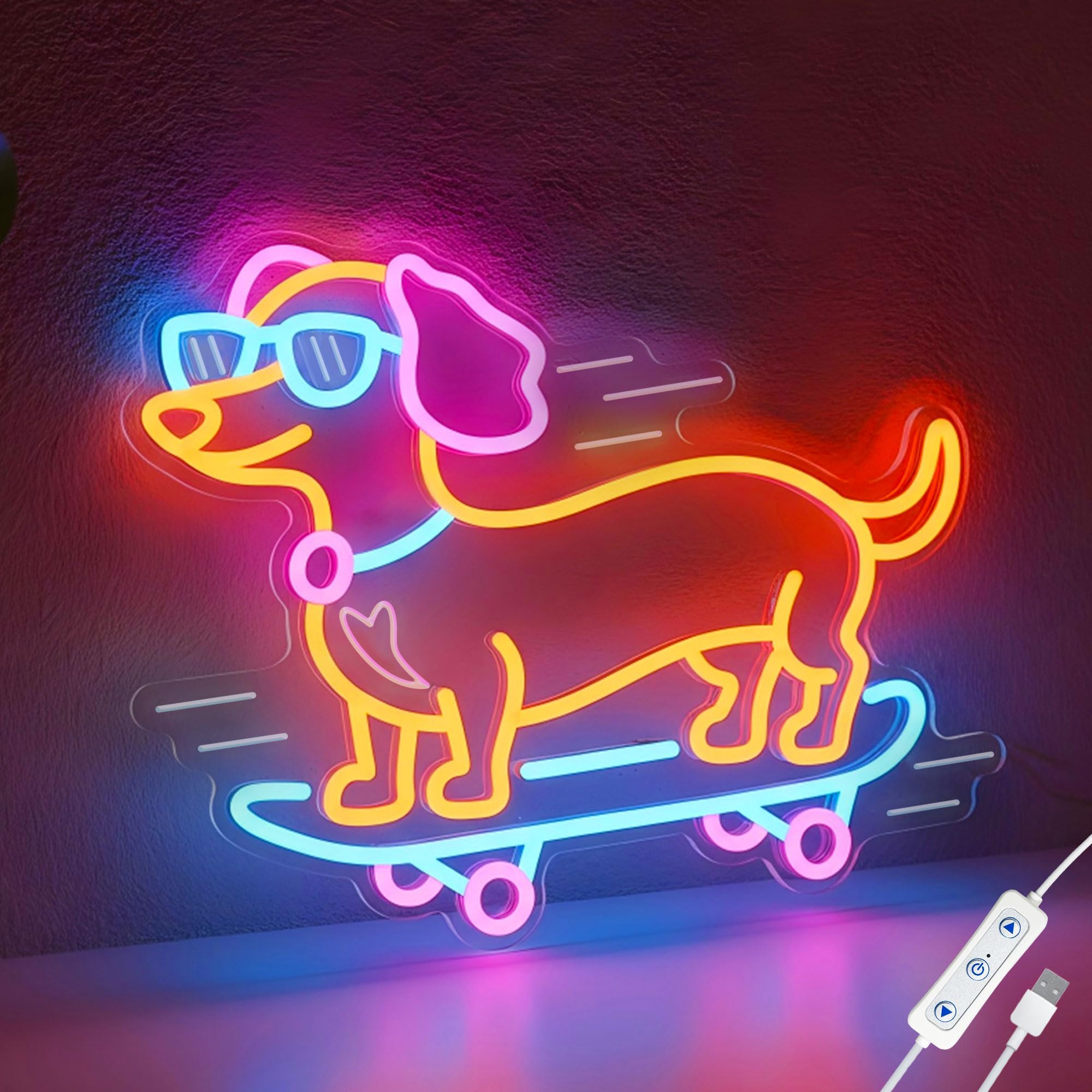 ACOPAEY Dachshund Skateboarding Neon Sign for Wall Decor, Dimmable Dog Neon Light for Bedroom Living Room, Bar, Shop, Animal LED Sign for Birthday Party Dog Lover Gift