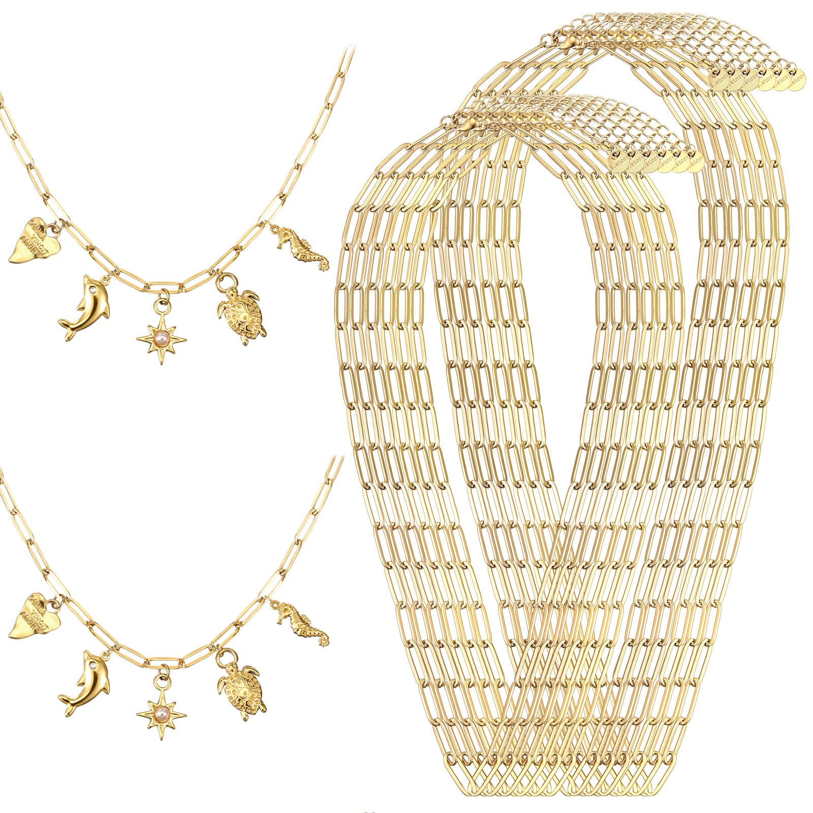 Misdary 12 Pcs Paperclip Chain Necklace Paperclip Charm Necklace for Women, 16 Inch and 18 Inch 3 x 9 mm Chains for Jewelry Making with Adjustable