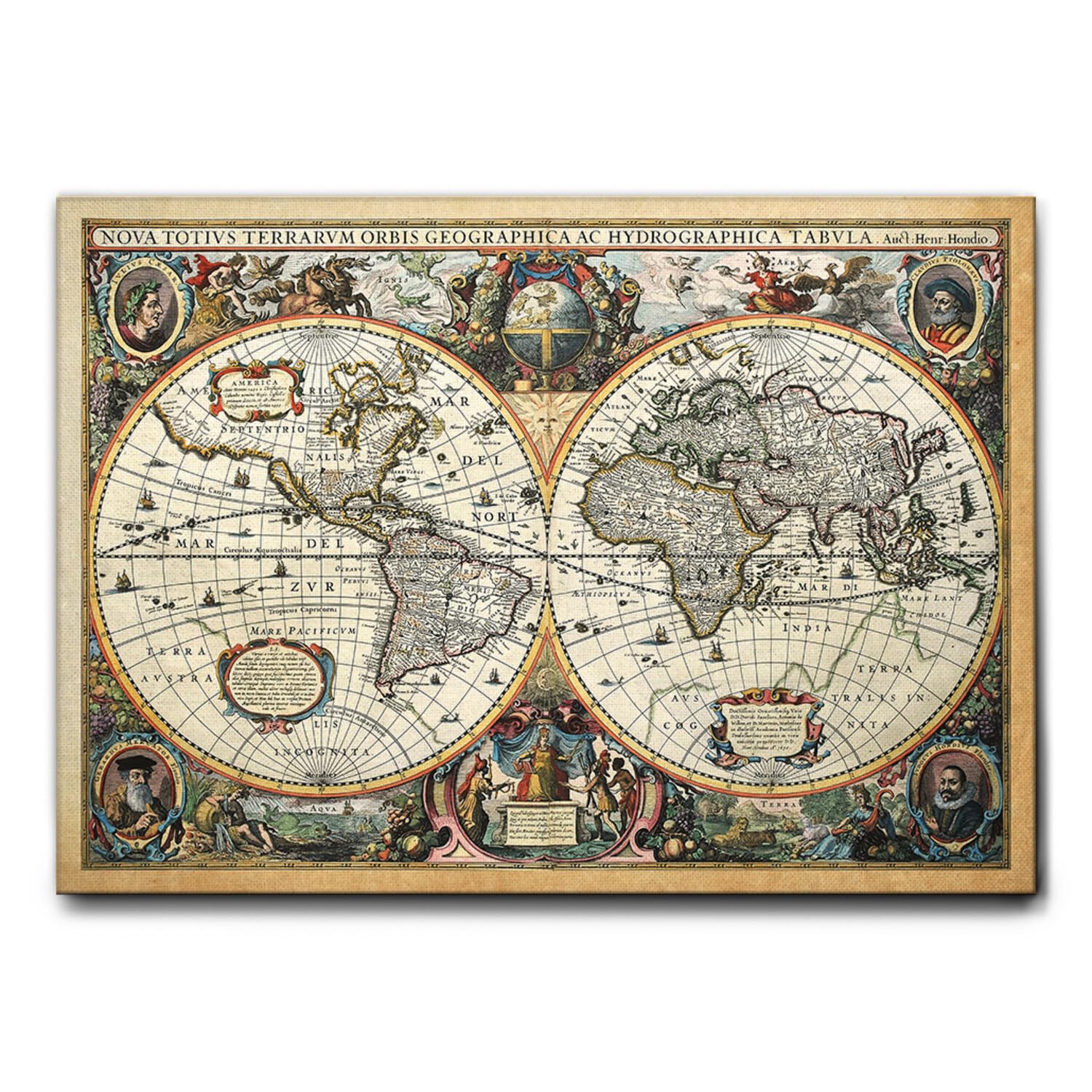 Giallobus - Quadro - Mappa del mondo Nova Terrarum Orbis - Tela Canvas Telaio Standard - 100L x 70l cm - Pronto da appendere - Quadri moderni per la casa