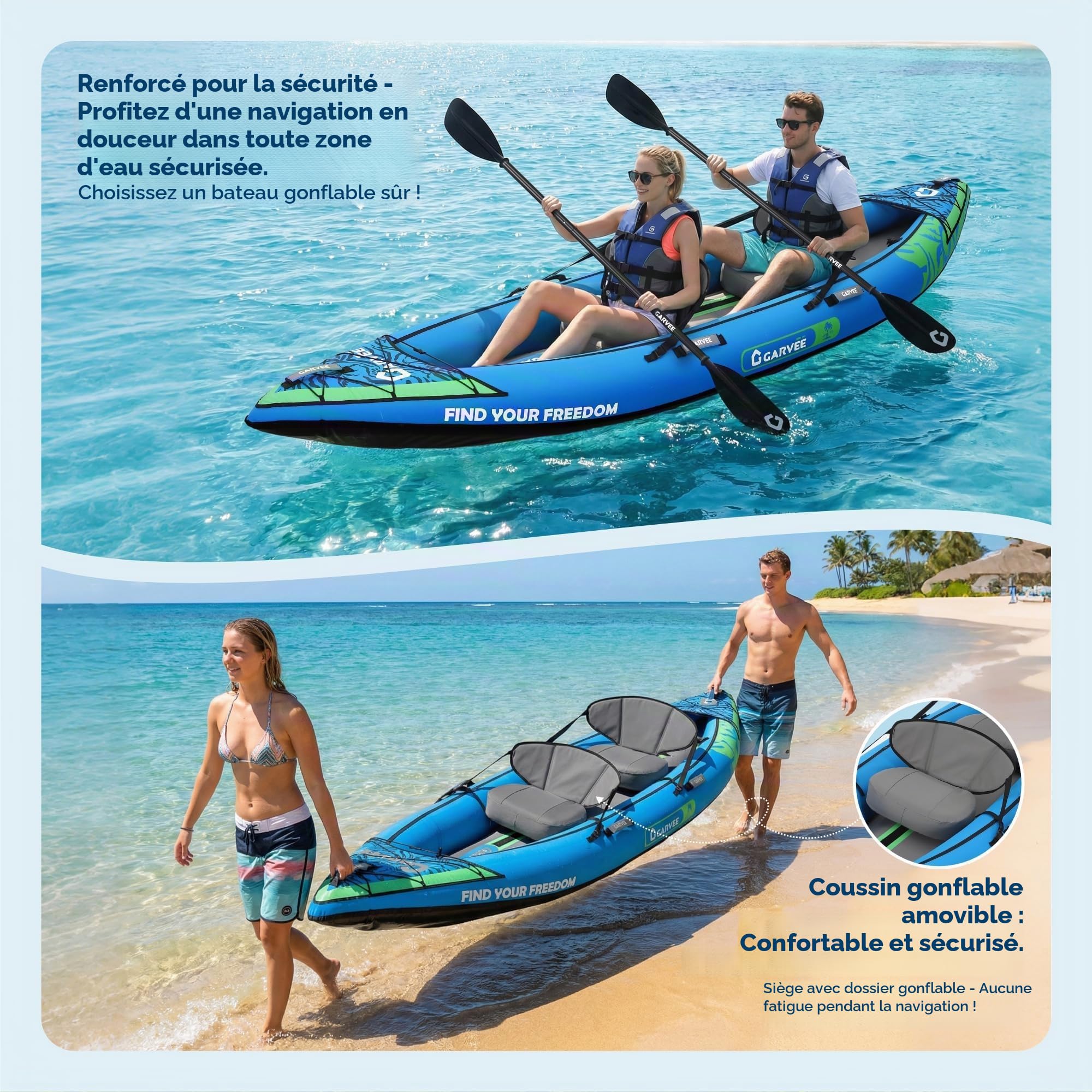 Garvee Kayak Gonflable 2 Places Adulte – 12,5 Pieds – Sièges rembourrés, 3 ailerons Amovibles, Pompe à Main – Sac de Transport, kit de réparation – Capacité 204 kg – Pêche, Loisirs lac/rivière