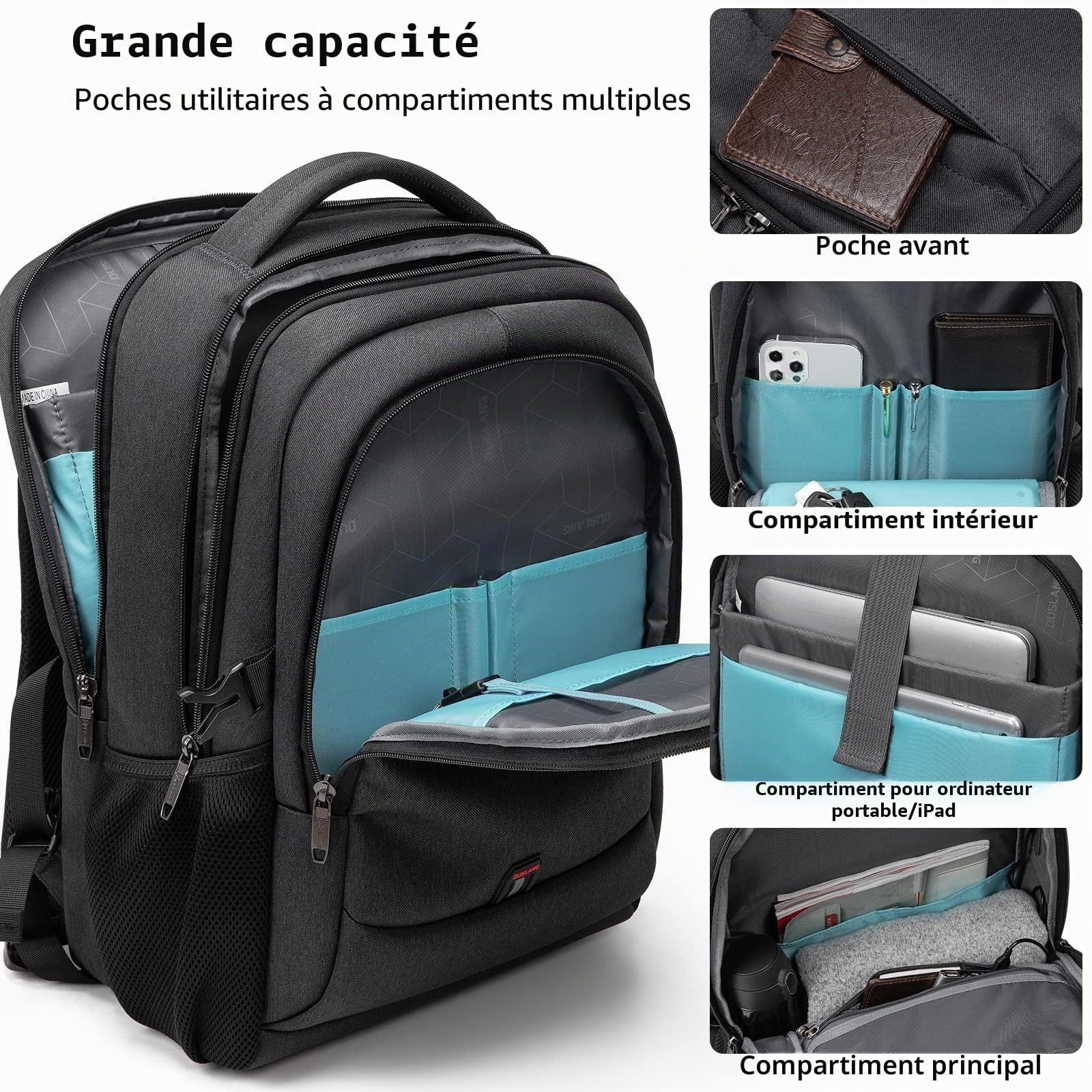 Sac à Dos Ordinateur Portable 17 Pouces Homme Fonctionnel Sac à Dos PC Portable avec USB Charging Port Imperméable Antivol pour Collège Affaire Scolaire Voyage - Noir