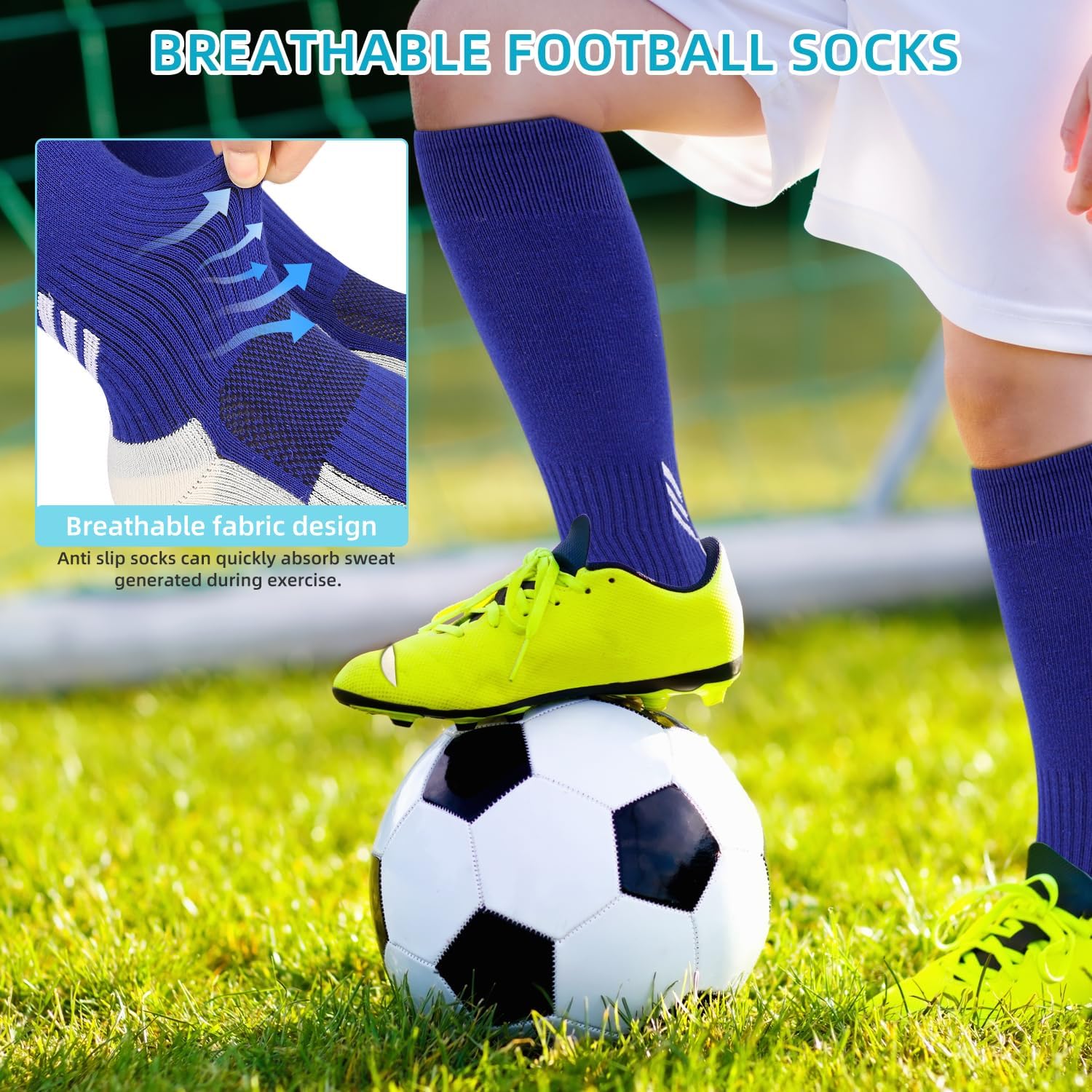 ZEPOHCK Kids Non-Slip Knee-Length Football & Hockey Grip Socks for Boys and Girls Ages 6-12 - Blue