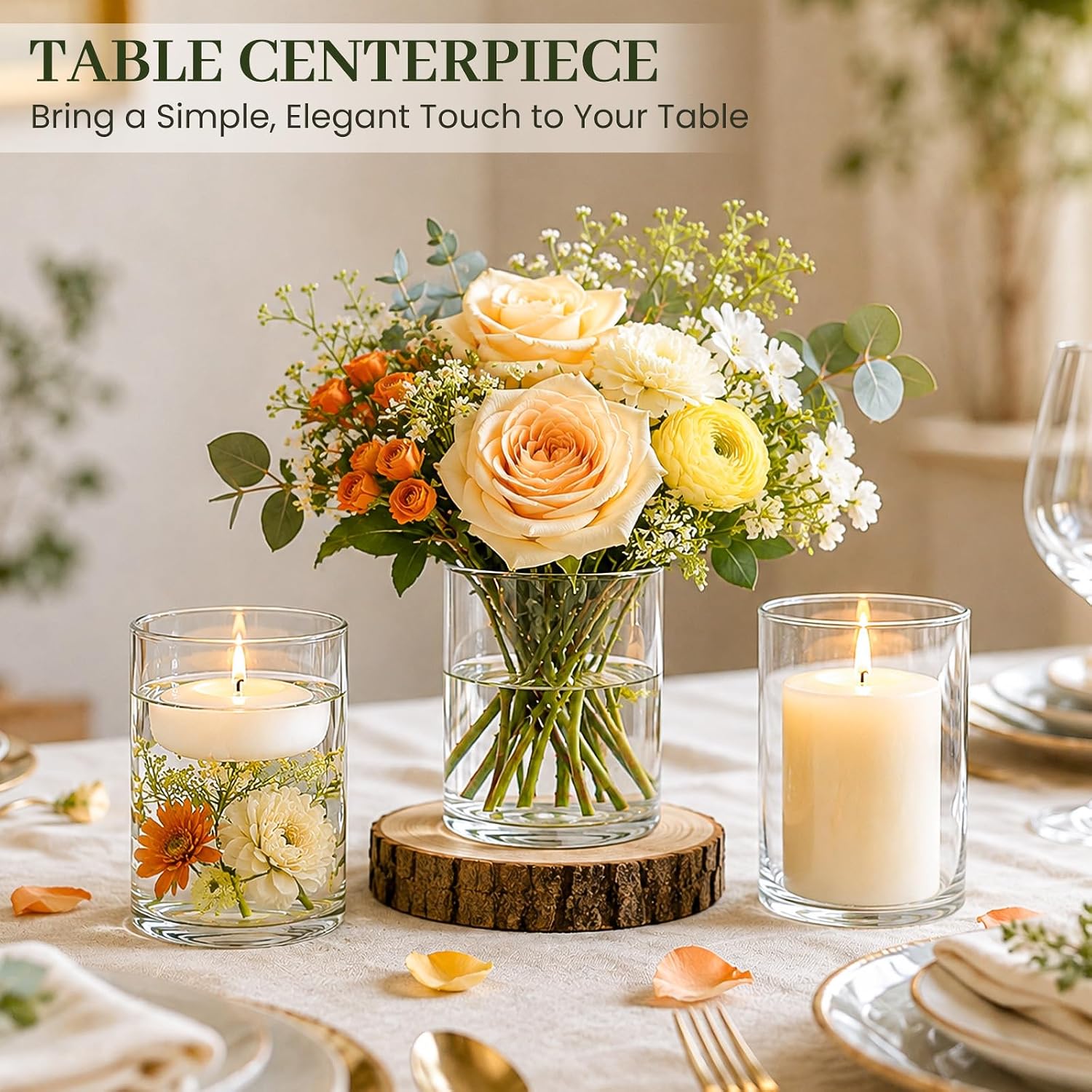 UPBUD 4 Inch Glass Cylinder Vases for Centerpieces, Small Vases for Flowers