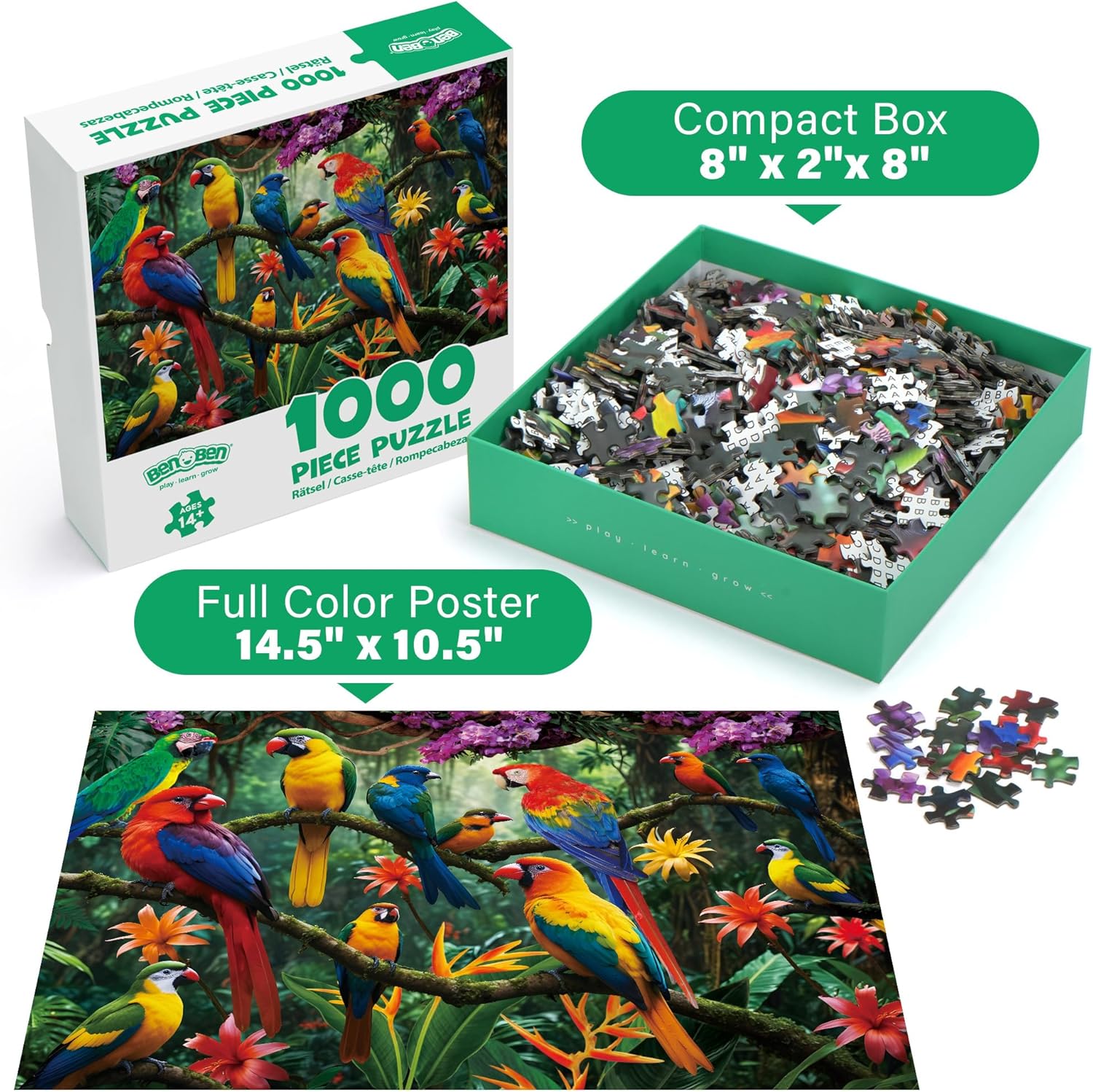 BenBen 1000 Piece Jigsaw Puzzle for Adults, Jungle Parrots, Puzzles with Letters or Patterns on Back, Challenging Puzzle for Game Night Home Décor, 26.63” x 19.25”