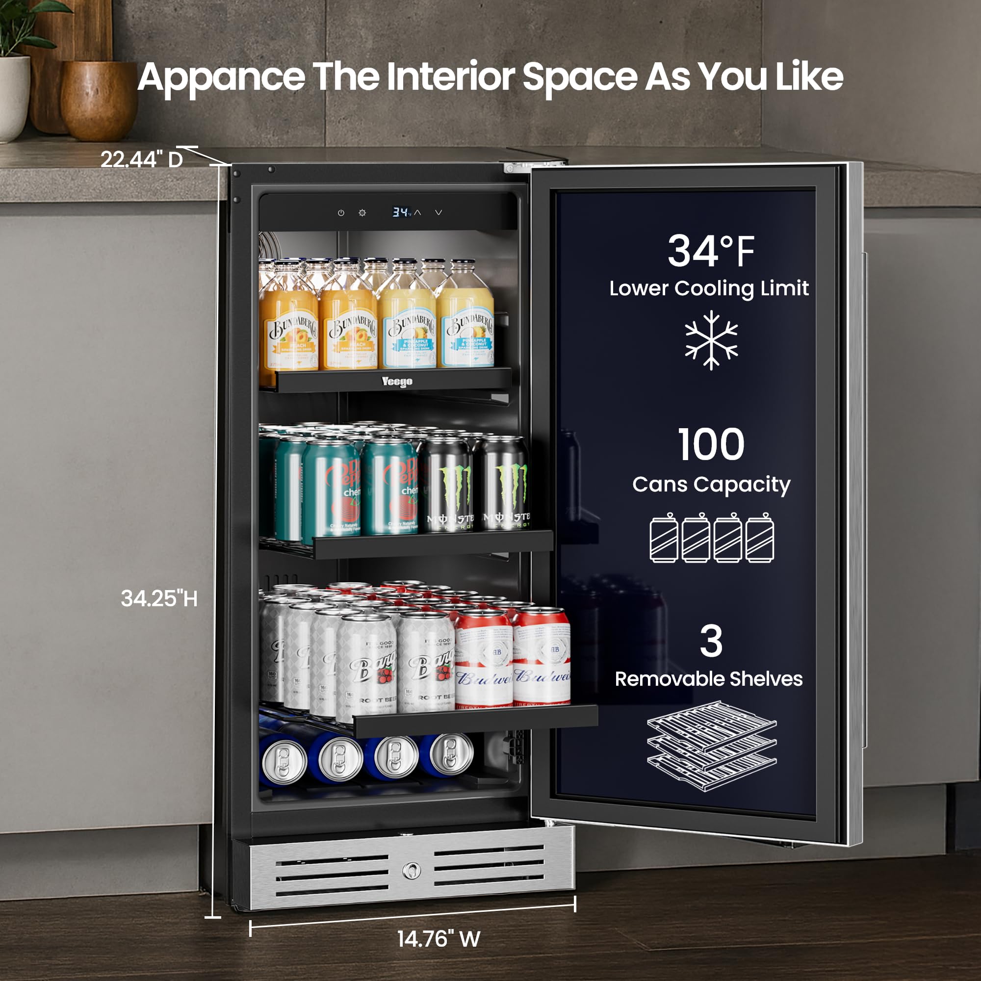Yeego 15 Inch Beverage Refrigerator, 100-Can Beverage Cooler with Lock & Auto Defrost, Stainless Steel Indoor & Covered Outdoor Beverage Fridge, Freestanding or Under Counter for Beer, Soda & Wine on Fridge.com