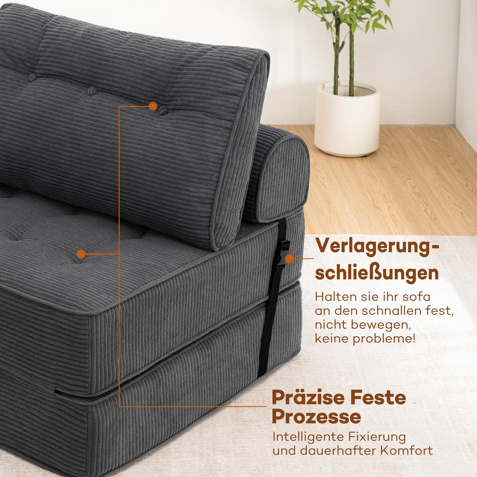 HOMMPA Faltbares Schlafsofa umwandelbarer 3-in-1 Sofa Bett Schlafsessel mit Kissen Sitzsack-Sofa Stuhl Komfortable Schlafcouch Bodensofa-Lounge für Schlafzimmer Wohnzimmer Grau 80CM