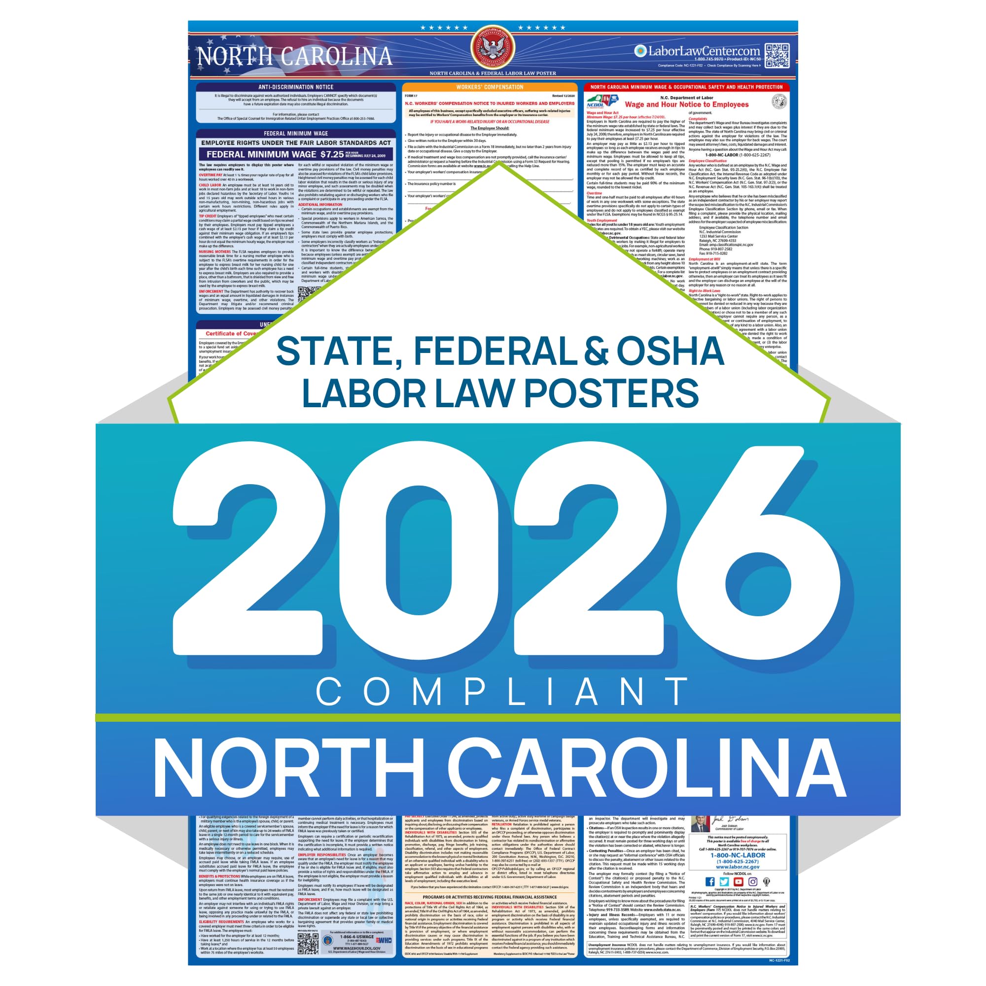 North Carolina 2026 Labor Law Poster – State & Federal Compliance – OSHA, EEOC, FMLA, Minimum Wage – Durable, Laminated & Waterproof Workplace