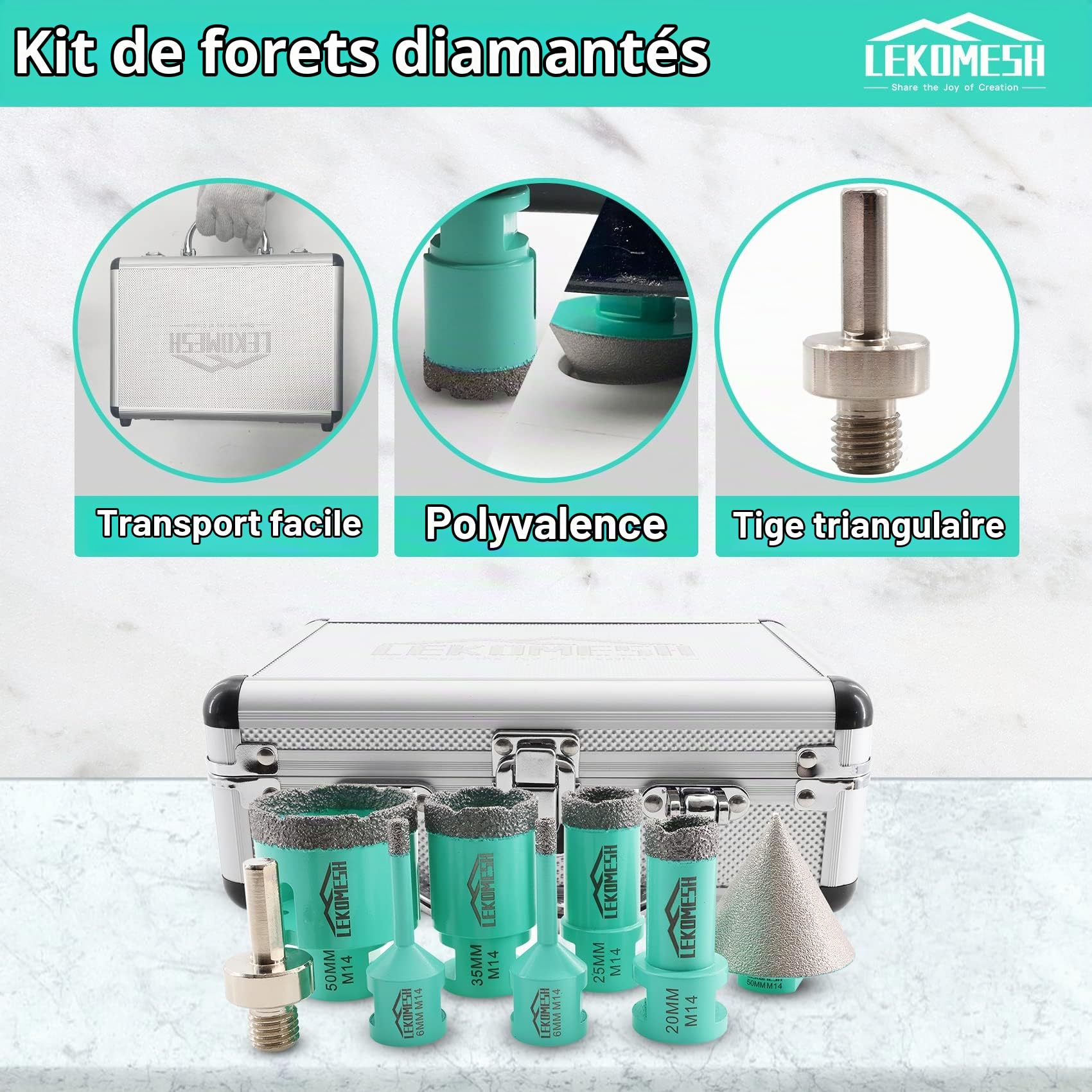 Diamant Scie Cloche Carrelage - 8pcs (6/6/20/25/35/50mm+50mm Forets Chanfreinés+Adaptateur) Trépan Diamant pour Porcelaine Céramique Carrelage Granit Marbre