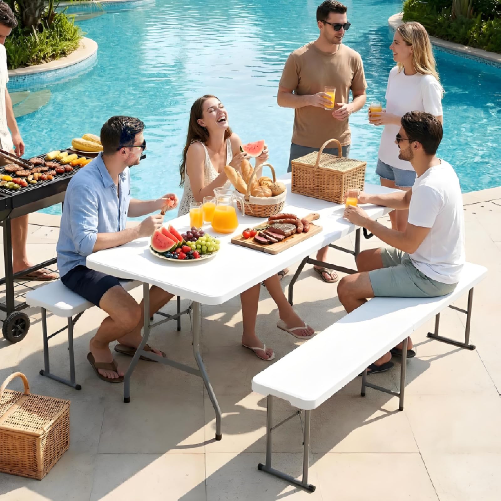 LIFERUN 2 pcs Bancs Pliables 183 cm,Banc de bière Pliant Camping avec poignée de Transport,Banc Pliable Camping Structure en Acier et Plateau en Plastique HDPE,pour Jardin Fête Barbecue Pique-Nique