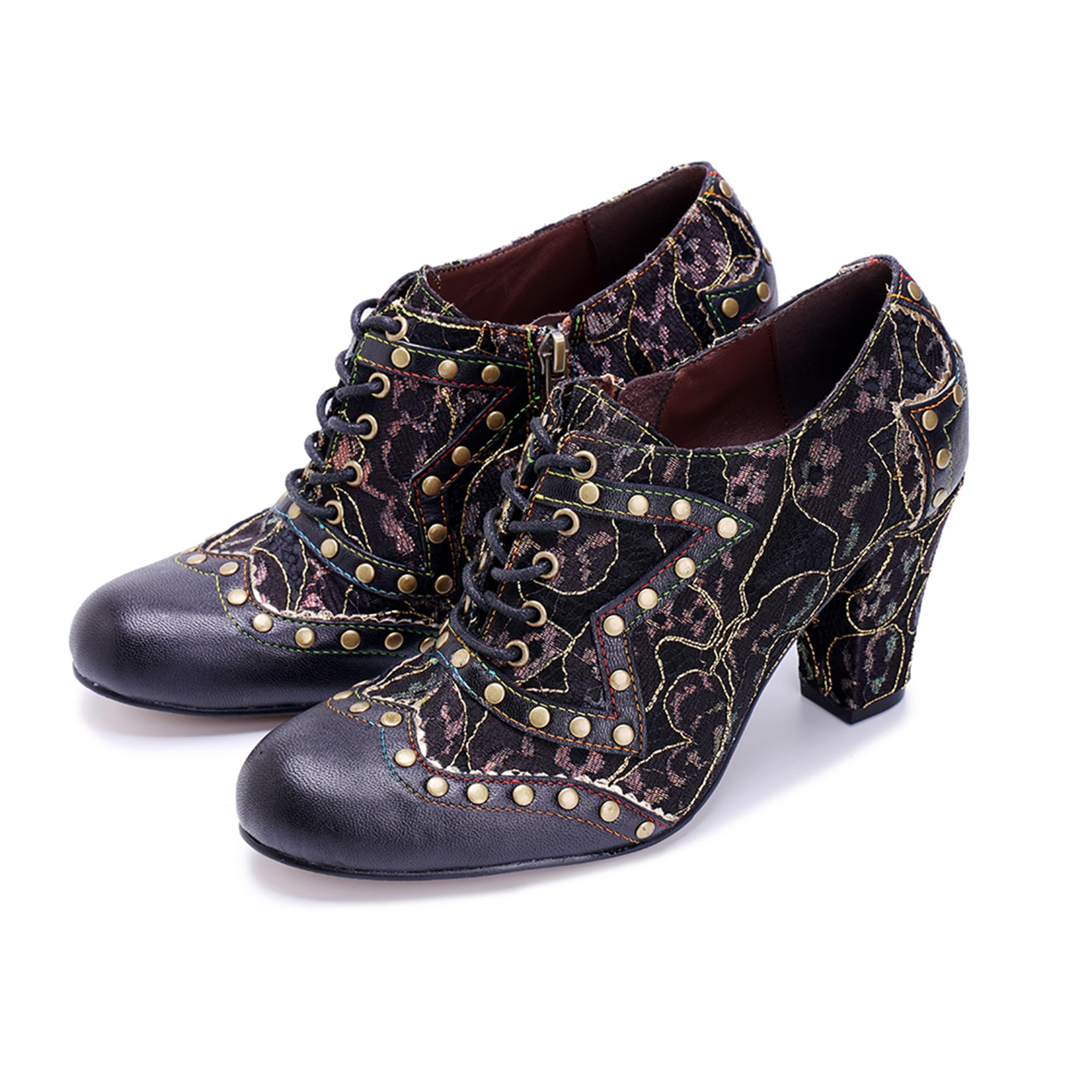 Women's Handmade Lambskin Oxford Loafers Shoes with Retro Ethnic Printed Style, Brock Design for Casual and Fashion Collegiate Style