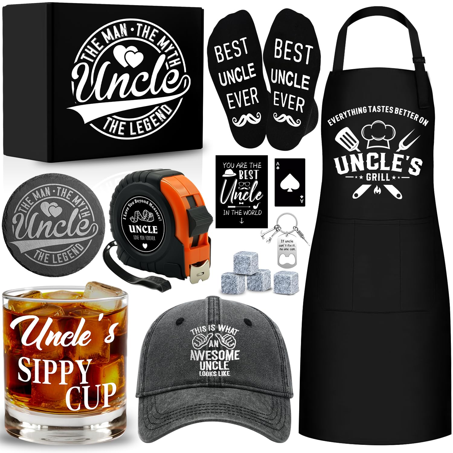 14 Pcs Best Uncle Ever Gifts with 11 Oz Uncle's Sippy Cup Whiskey Glass 4 Whiskey Stones Coaster Apron Hat Sock Tape Measure Keychain, Birthday Father's Day Christmas Gifts for Uncle