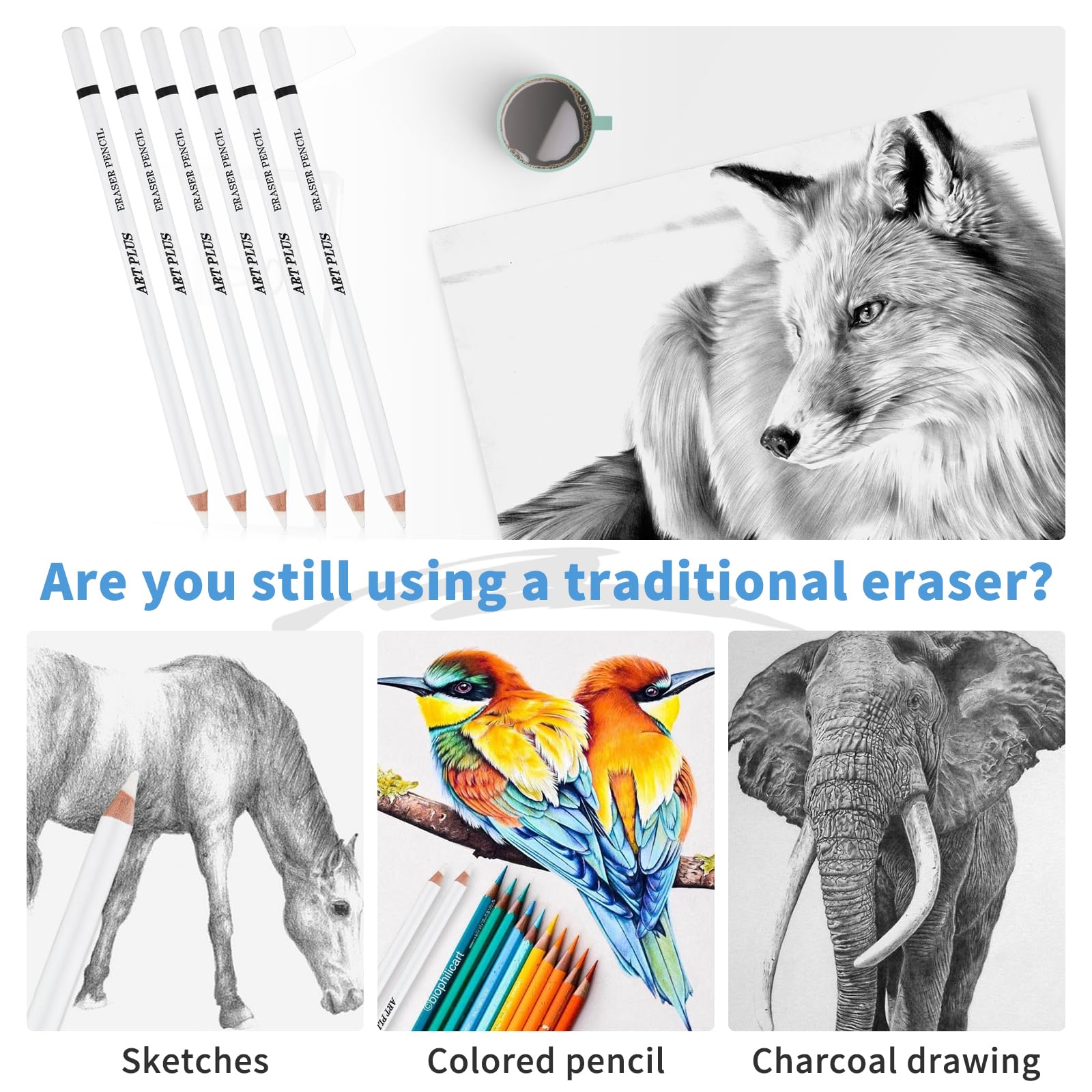 UICCVOKK 6 Pcs Rubber Sketching Art Eraser Pencils, Artist Eraser for Sketching Charcoal Drawings, 17.5 cm / 6.93 inch - Image 4