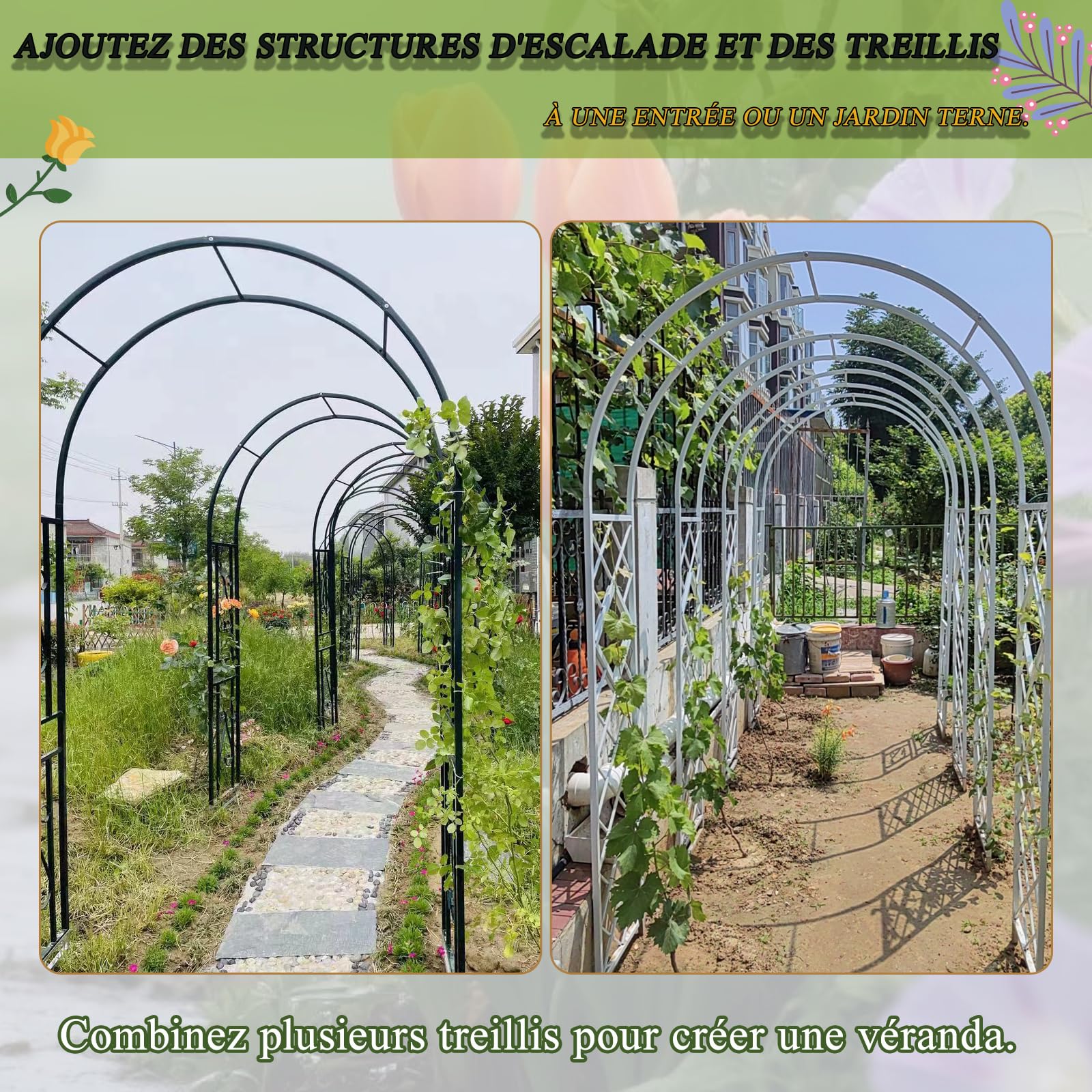 Gartenpavillon aus weißem Metall, eleganter Kletterpflanzenbogen für Hochzeiten und Outdoor-Dekoration, verstärktes flaches Design, L300 x B40 x H230 cm, romantische Gartenstruktur