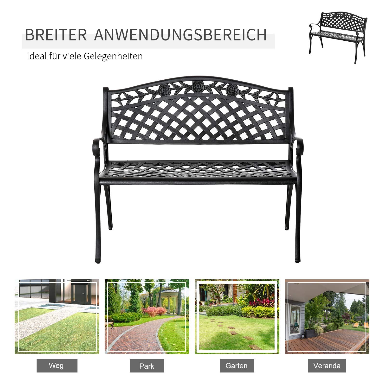 Outsunny 2-Sitzer Sitzbank Wetterfest Gartenbank Schwarz 102,5x61x84 cm | Alu, Mit Armlehnen, Landhausstil, Metallbank, Bank