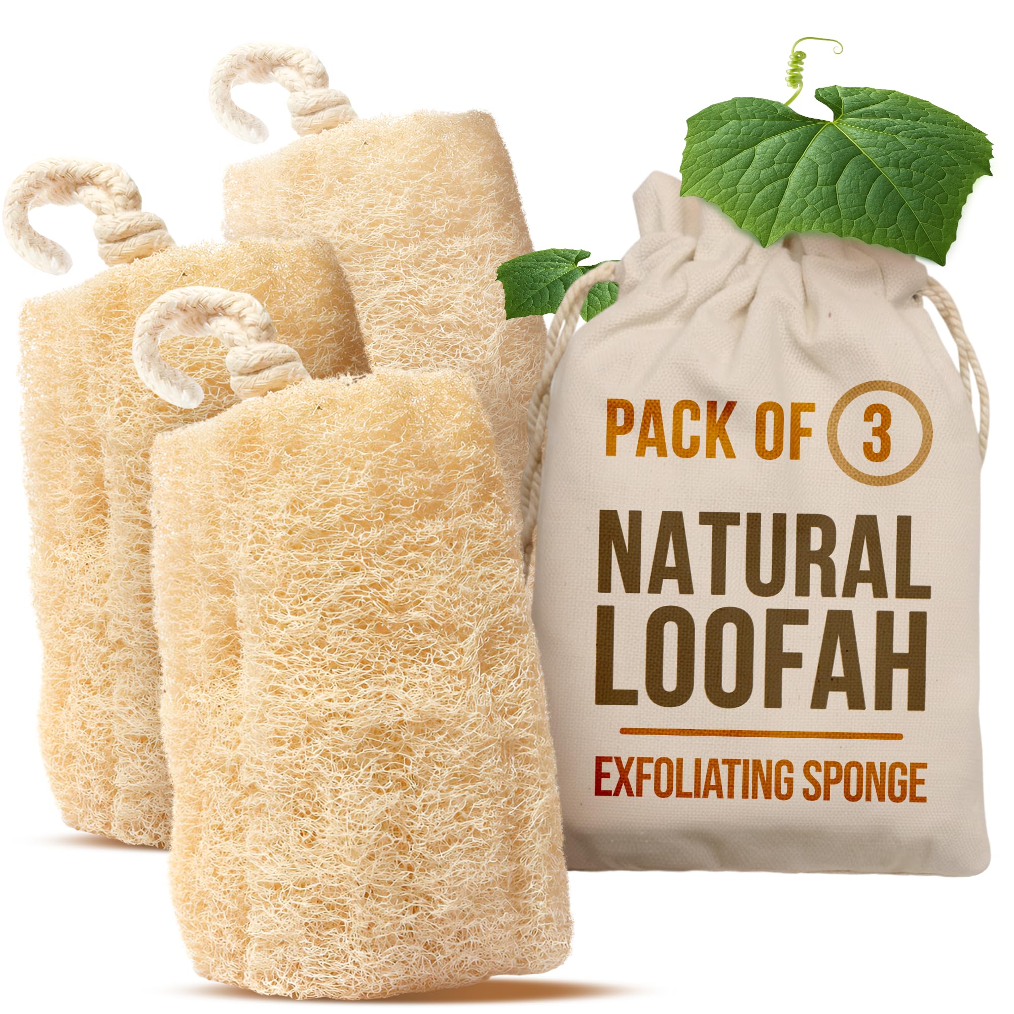 Egyptian Natural Loofah Sponge Exfoliating Body Scrubber - Our Bath Loofahs Provide a Refreshingly Deep Clean to Your Face & Body - These Luffa Sponges Are Skin-Friendly & Vegan - 6 x 6 Inches, 3 Pack