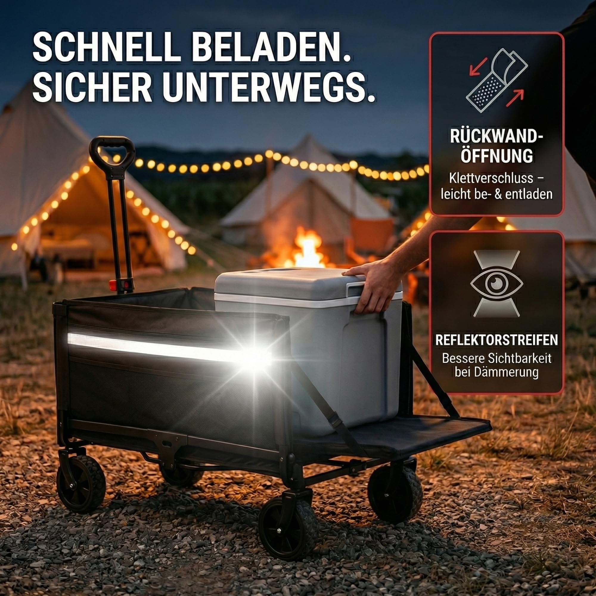 ALBATROS Bollerwagen klappbar 120L – Faltbarer Transportwagen mit Flaschenöffner, Getränkehalter & Rückwand-Öffnung – Outdoor Handwagen mit Reflektorstreifen für Camping, Festival & Ausflug