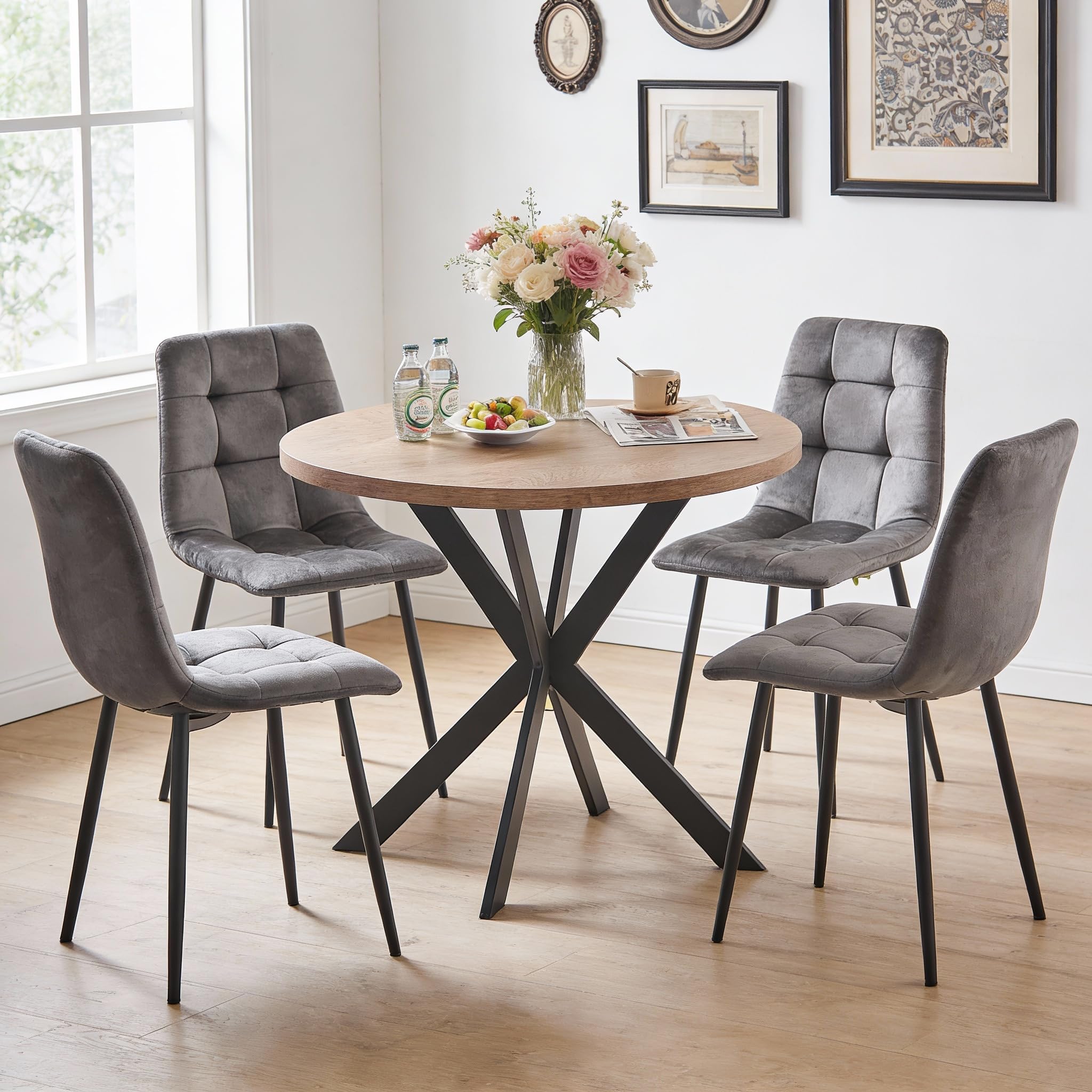 somedream 5-Piece Round Dining Table Set - Kitchen Table Chairs Set of 4 with Grey Velvet Upholstered Chairs -Dining Table Set for 4