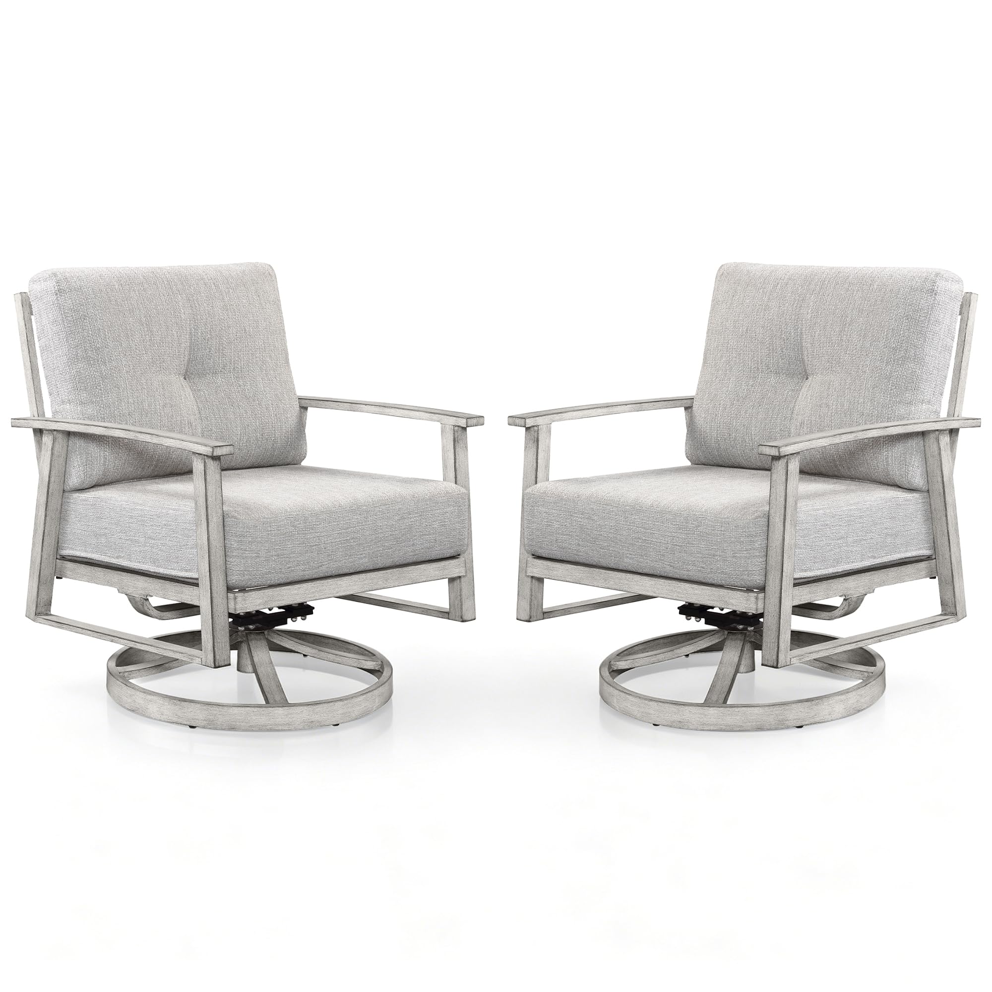 Outdoor Swivel Sofa Chairs Set of 2, Never Rusts All-Aluminum Outdoor Swivel Armchairs Set with Thick Cushions, 2-Piece All Weather Patio Sofa Chairs for Garden, Poolside, Lawn, White Oak