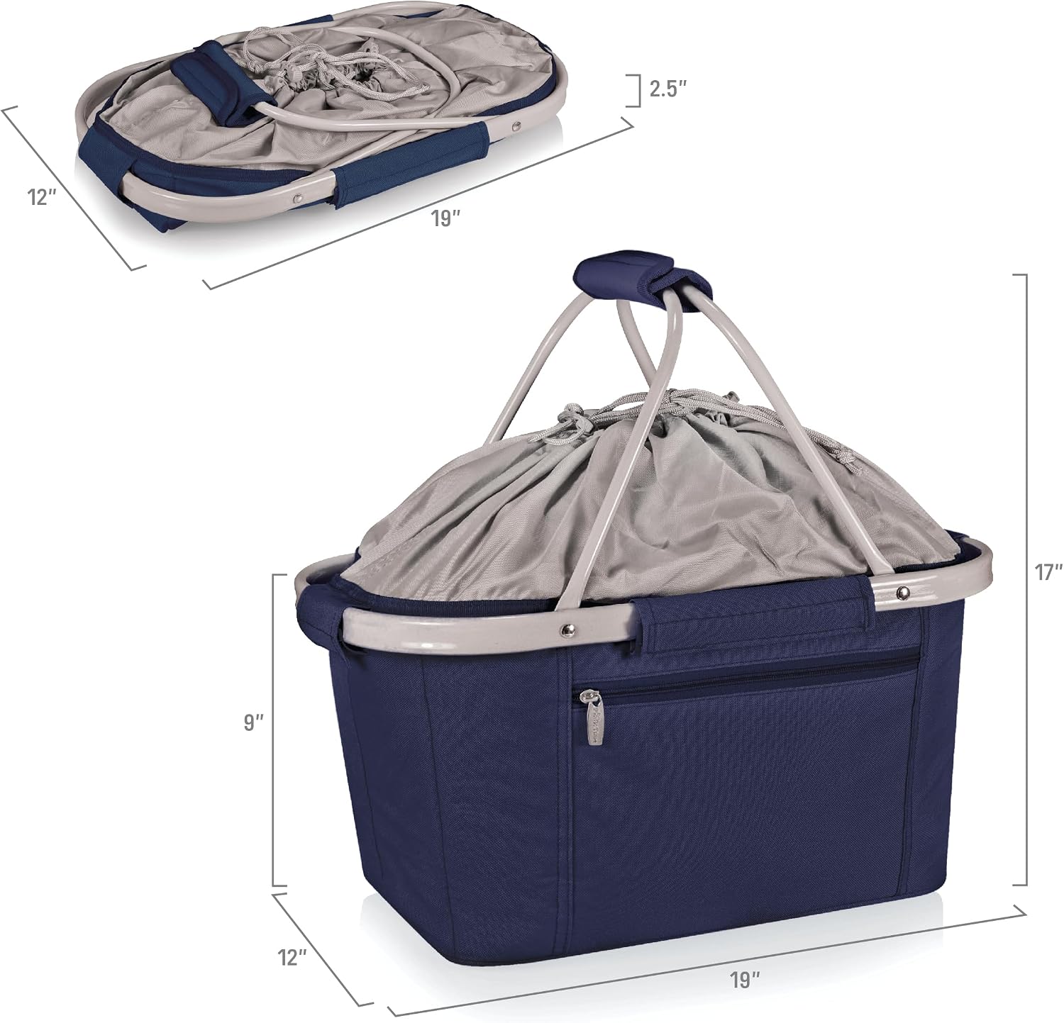 Picnic TIME Metro Shopping Basket Cooler, Insulated Collapsible Picnic and Market Basket with Aluminum Frame and Drawstring Top for Travel and Groceries