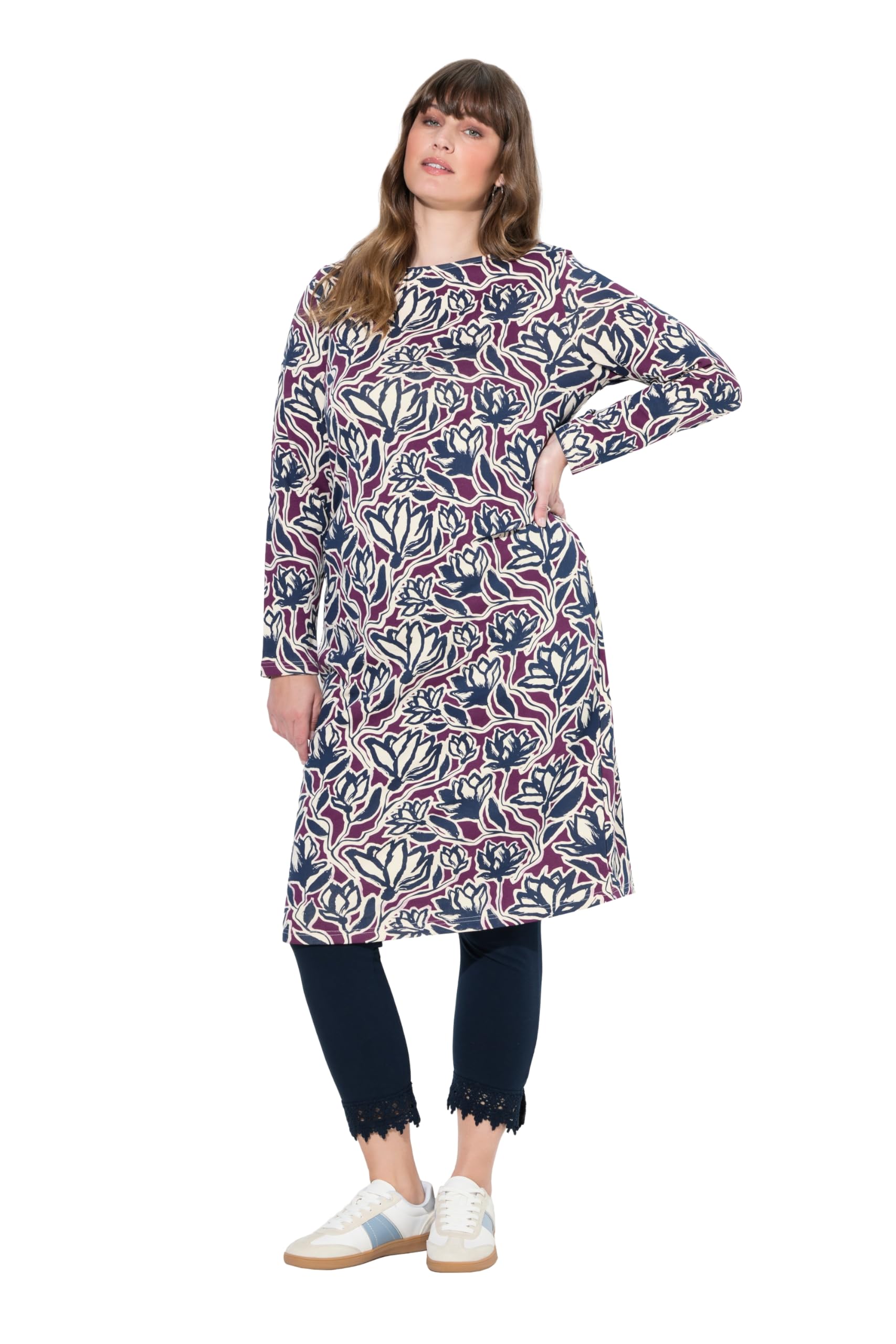Ulla Popken Damen große Größen Übergrößen Plus Size Kleid, U-Boot-Ausschnitt, Langarm, Biobaumwolle 843832