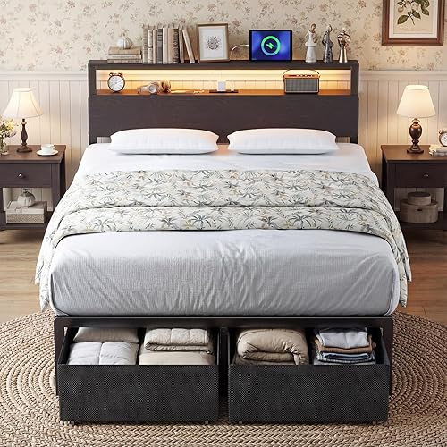 Full Bed Frame with Storage & Drawers, Double Bed Frame with Charging Station & LED Lights, Full Metal Bed Frame with Upholstered Headboard, Platform Bed Frame Noise-Free/Assembly Easily, Black