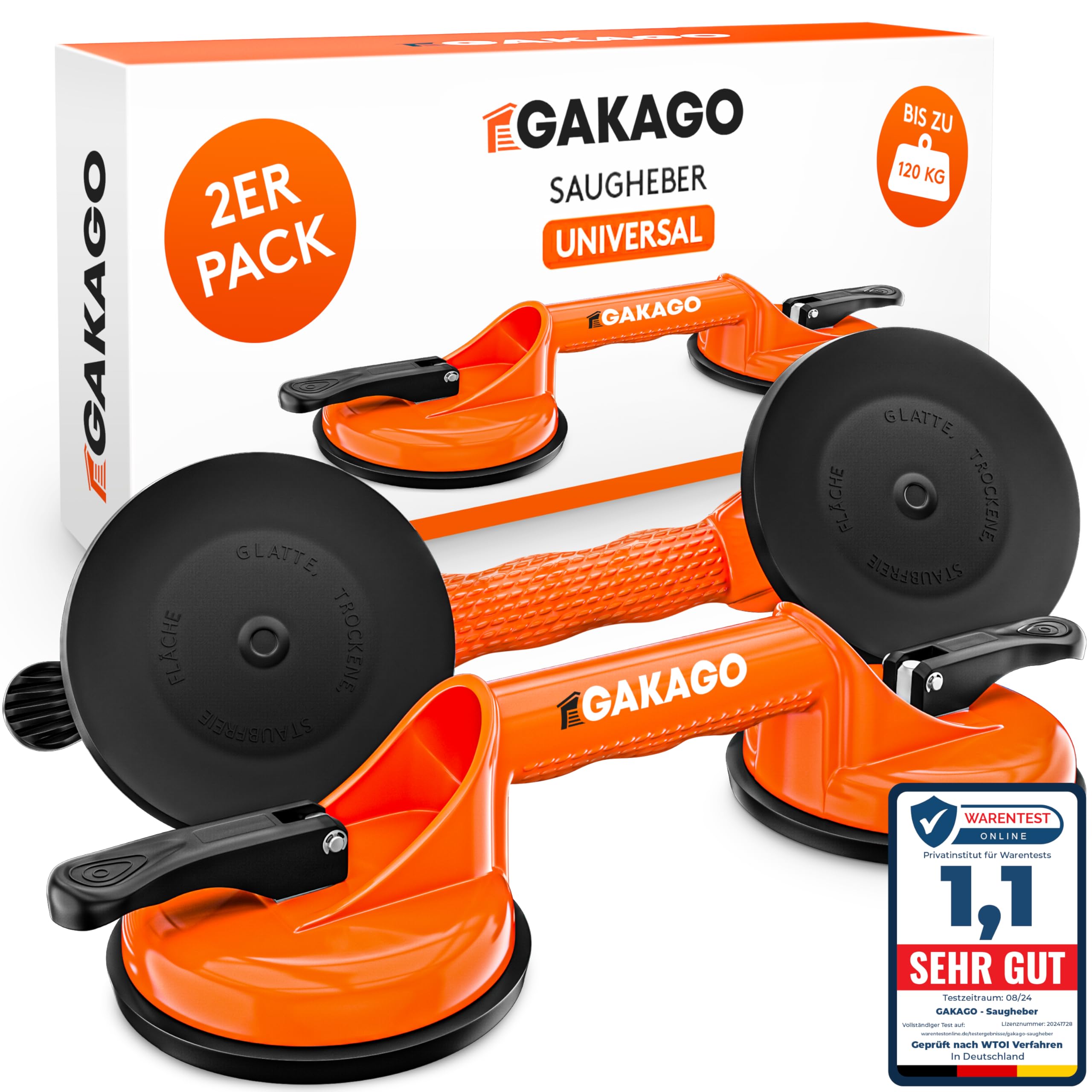 Gakago Saugheber (2er Pack) - Ergonomische & rutschfeste Sauggriffe - 120kg tragfähiger Vakuumheber für den Transport von Fliesen, Laminat, Scheiben und Glas als Glasheber, Glassauger, Glasträger