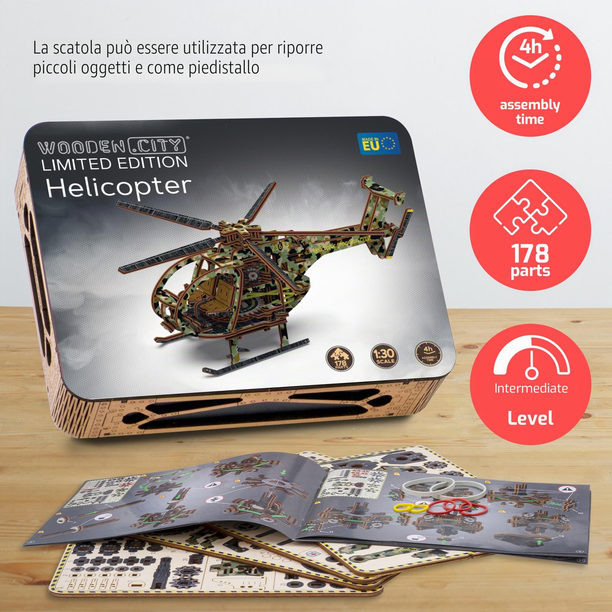 WOODEN.CITY Build A Helicopter Limited Edition - Kit di Modellini in Legno 3D da Costruire - Kit di Modellini di Aerei per Adulti e Ragazzi - Giocattoli per Uomini e Donne - 178 Parti