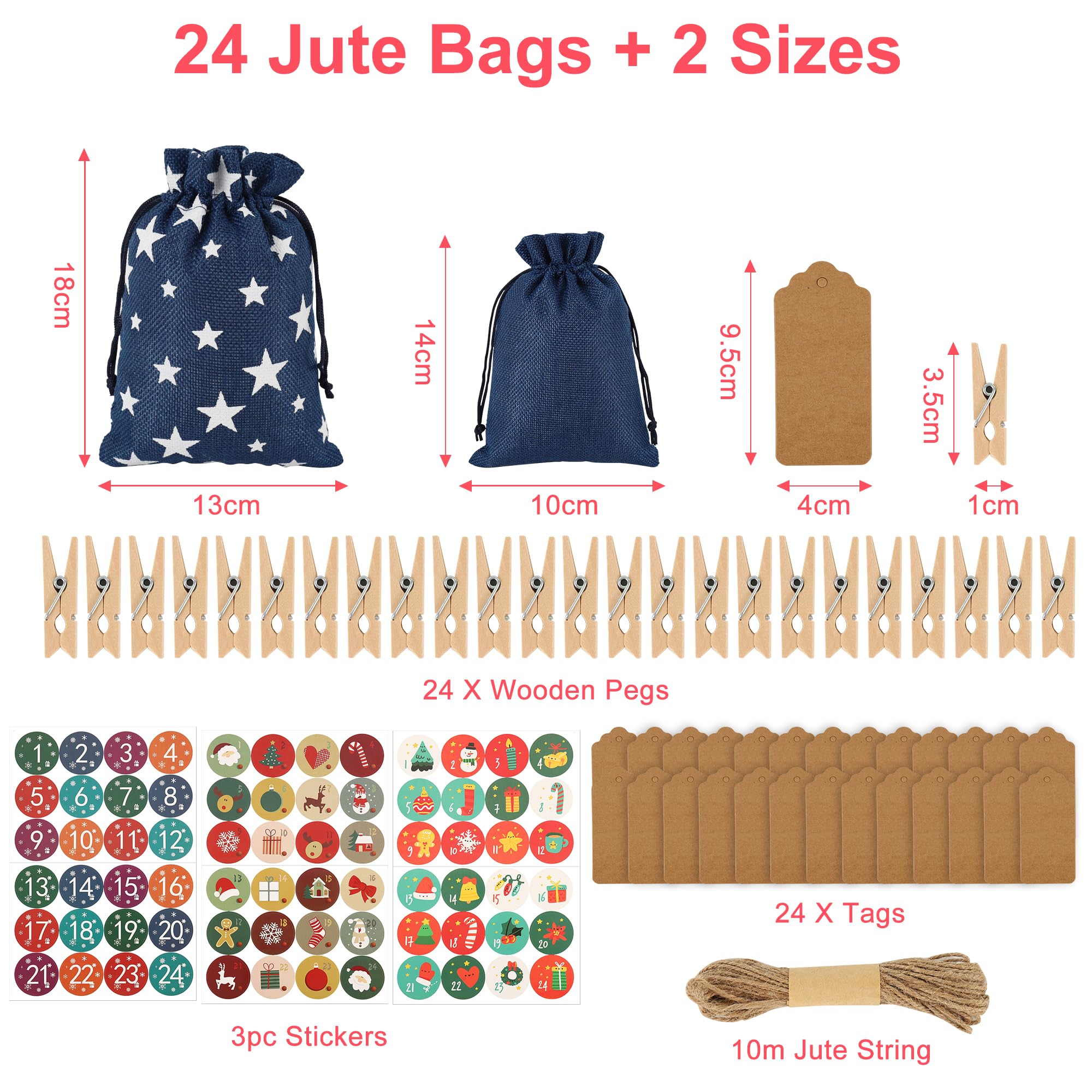 KESSER® Adventskalender om zelf te vullen, 24 jute zakjes, bedrukte stoffen zakjes voor kinderen, kerstkalender om zelf te vullen, incl. 24 x borden