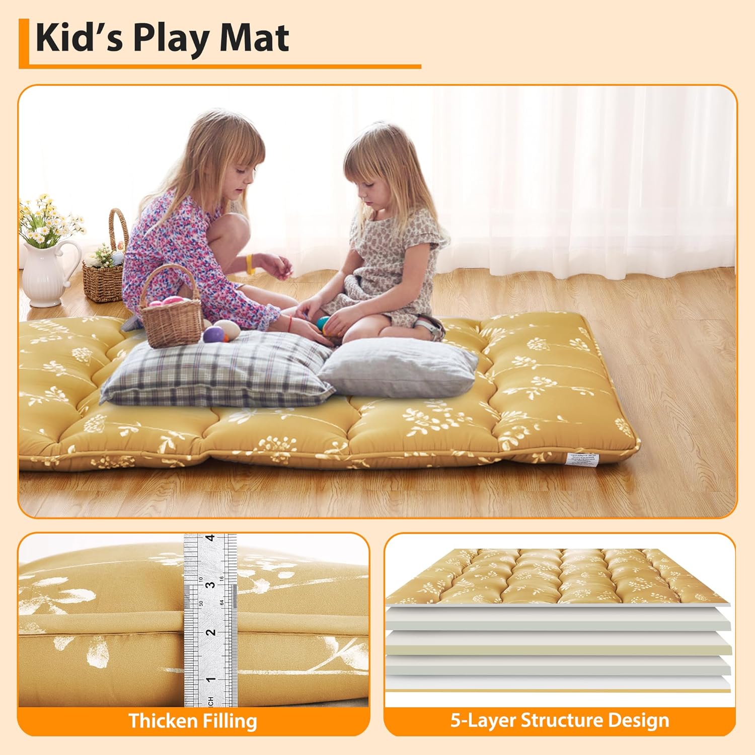 Japanese Floor Mattress, Foldable Thick Futon Mattress, Roll Up Tatami Mat, Portable Camping Sleeping Mat, Floor Lounger Bed for Guest Room, Dormitory, Twin Size, Lemon Yellow Floral