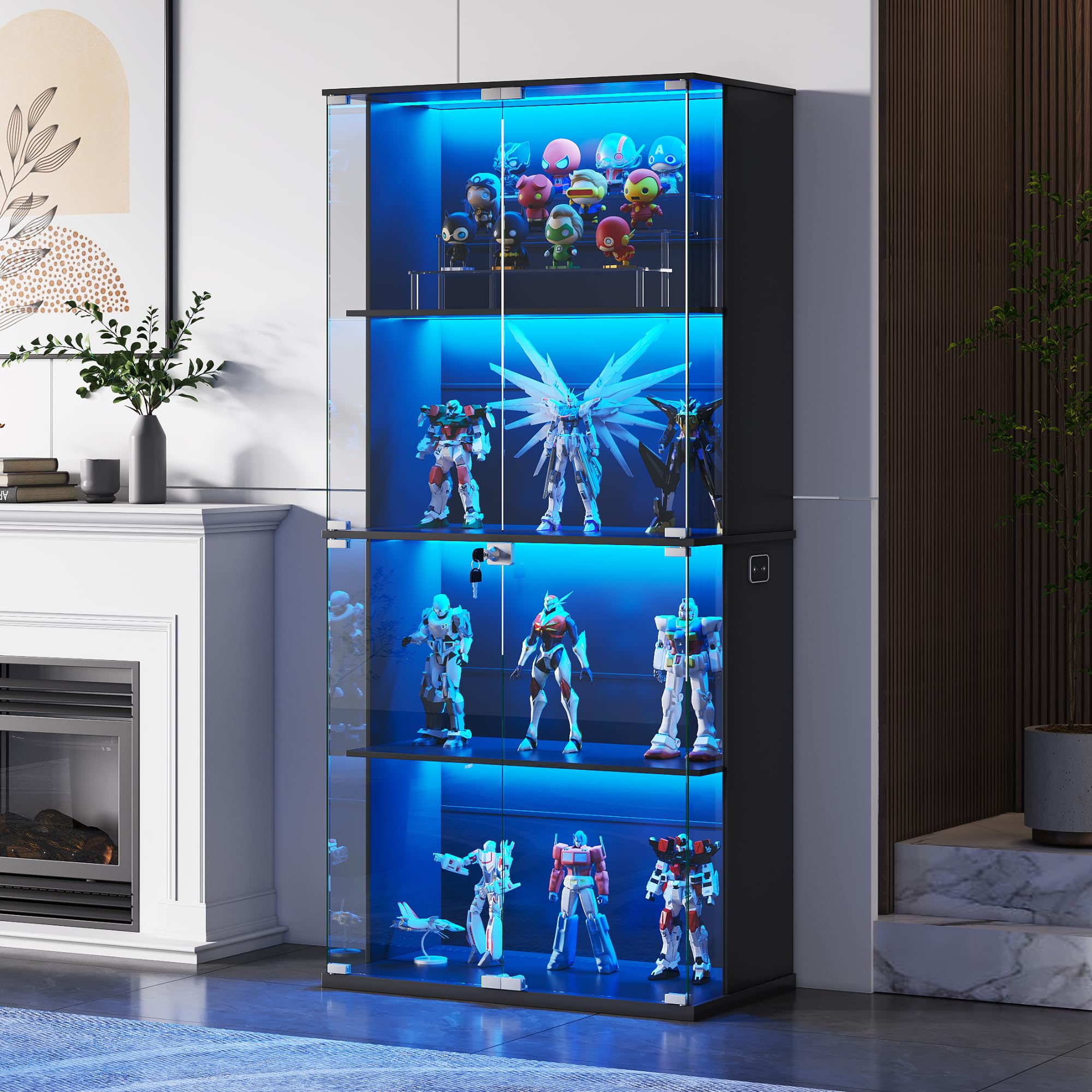 Gurexl 66" Display Cabinets with Lockable Glass Door,4 Shelf Curio Storage Cabinet with 3 Color Lights,Wine Display Case with Human Body Sensor for Figurines,Living Room,Bedroom,Game Room,Black