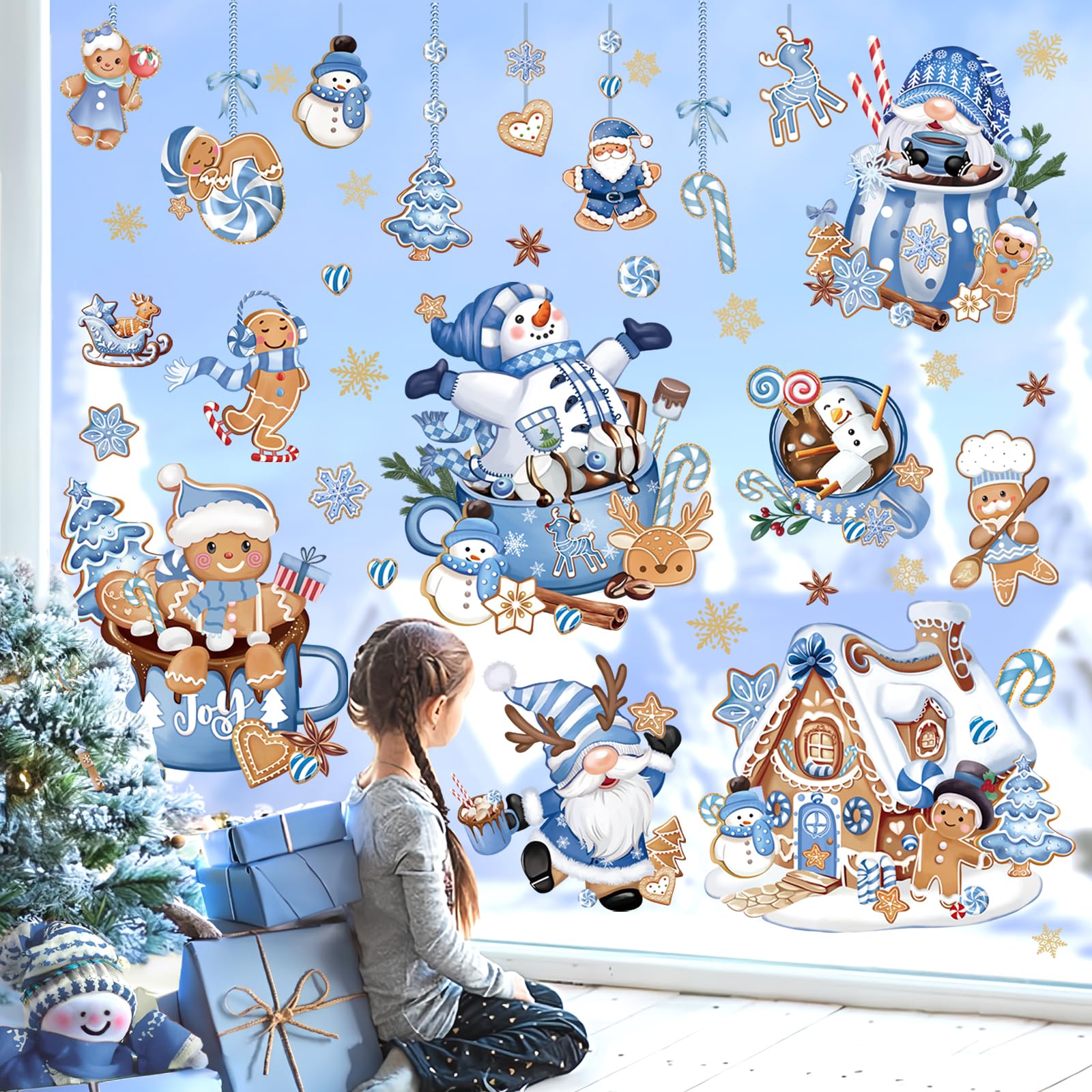 wondever Hot Cocoa Gingerbread Man Window Clings Winter Gnome Snowman Christmas Glass Sticker Decal Anti Collision Double-Side Static Window Decals for Home Xmas Holiday Party