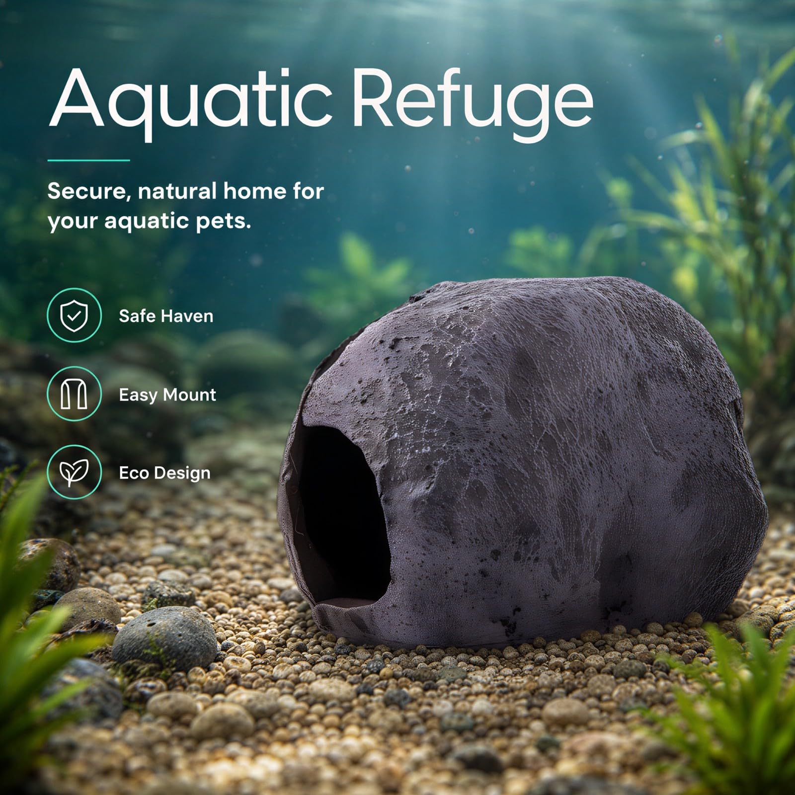 Aquarium-Versteck für Fischbecken, Metallhalterung mit schwarzem Schacht, natürliches Resin-Kieselstein-Brutnest für Cichliden und Garnelen, stabiles Hohlornament als Rückzugsort zum Brüten