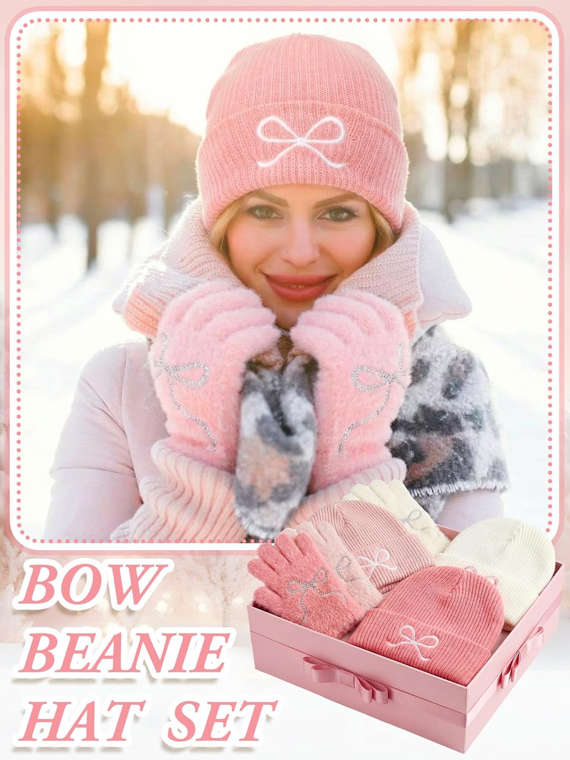 Pink Beanie Hat and Glove Set for Women Coquette Bow Beanie Bulk Y2k Winter Accessories - Image 4