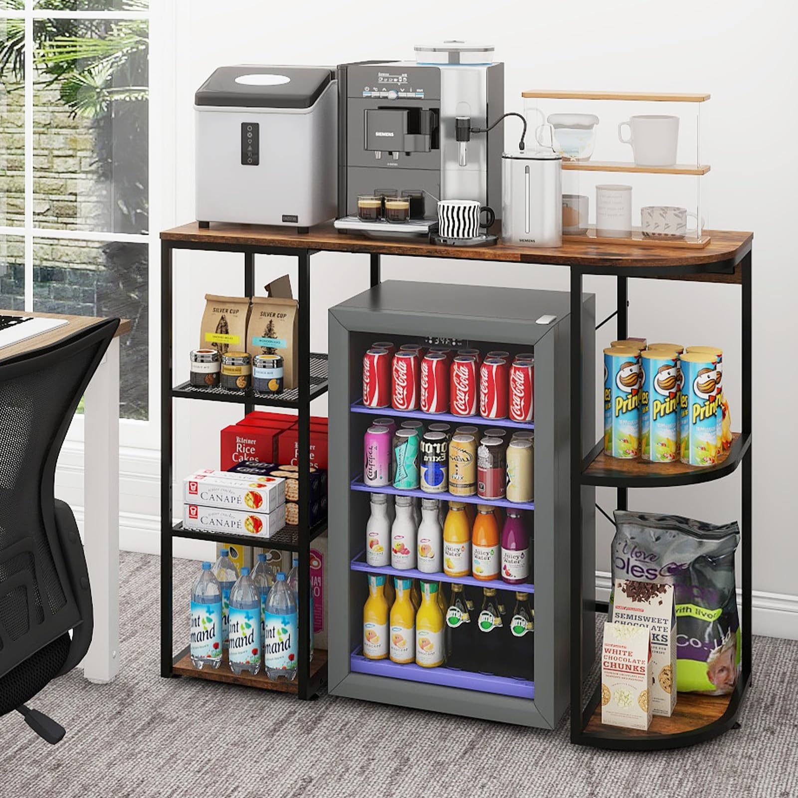 PUNCIA Mini Fridge Cabinet with Power Outlet – Coffee Bar Cabinet with Refrigerator Space and Storage Shelf Beverage Wine Cooler Stand Microwave Oven Rack for Dorm Apartment or Dorm Use