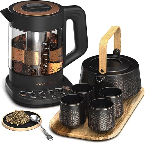 Vianté Juego de té de lujo. Completo con tetera automática con infusor de té para bolsas de té o té sueltas. Juego de servir de cerámica. Tetera,