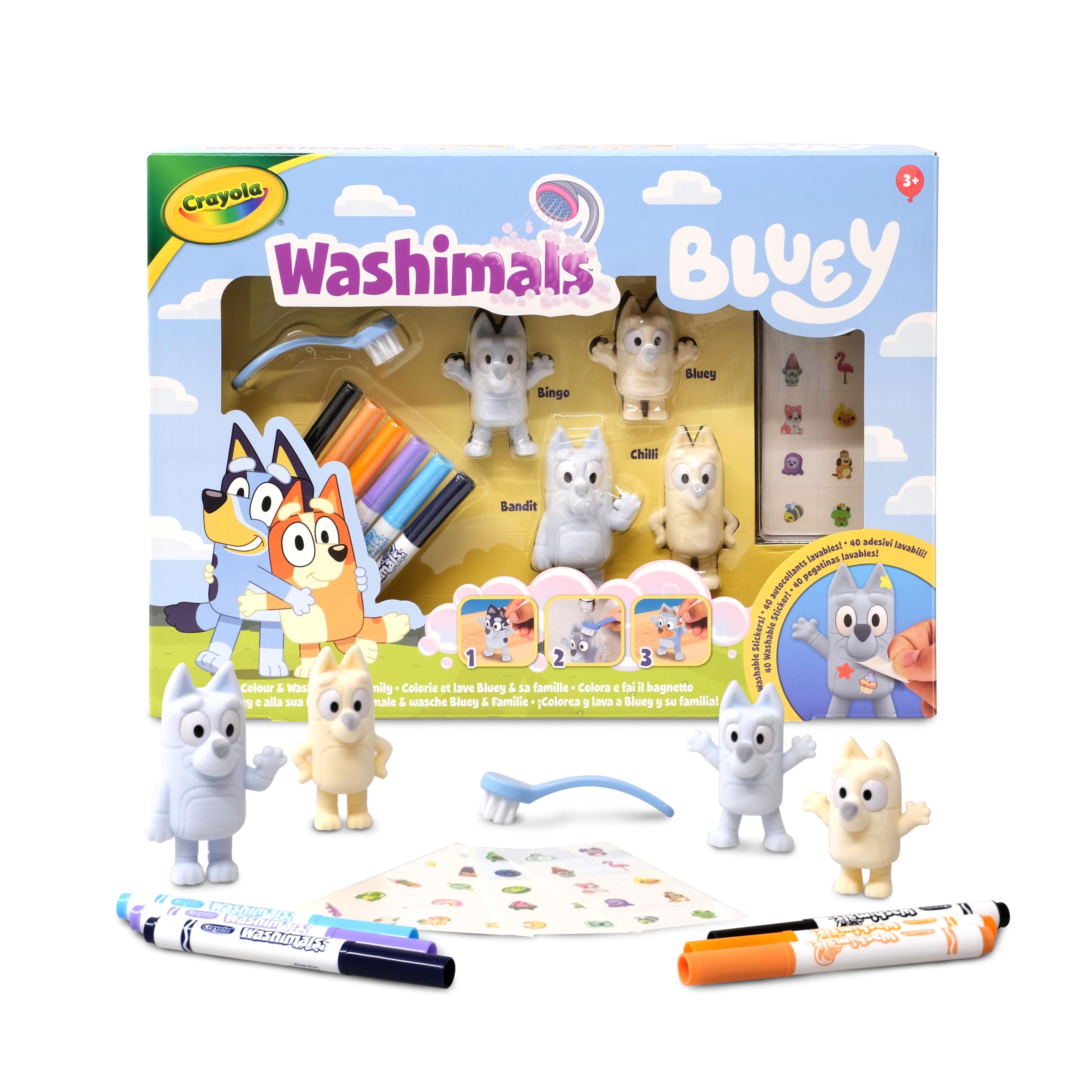 Crayola - Washimals Bluey, Kreativ-Set mit Stickern und 4 Welpen, 6 abwaschbaren Filzstiften, Stickern und Bürste, Spielzeug und Geschenk für Kinder, ab 3 Jahren, 74-0253