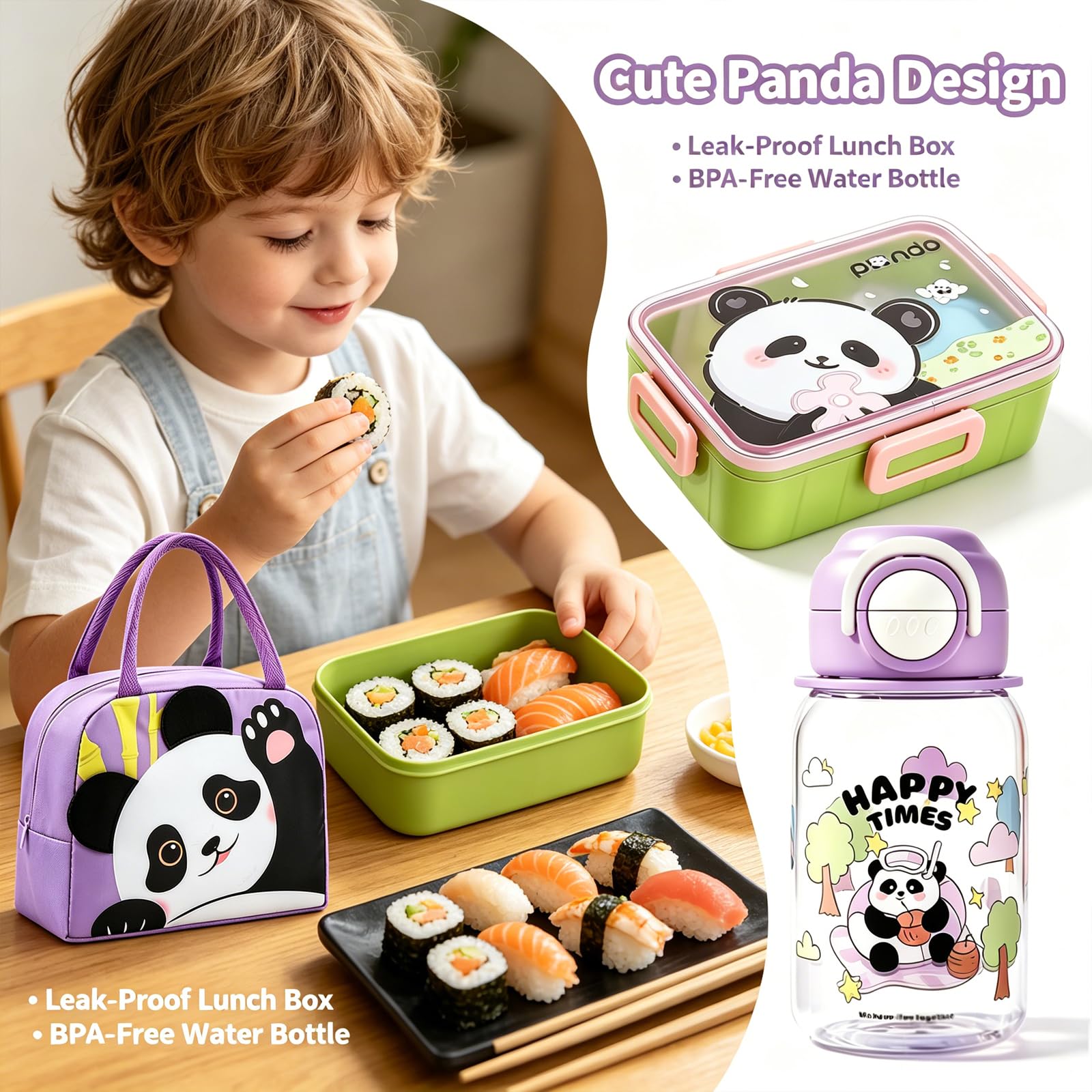 Panda Fiambrera Bento,600ml Bento Lunch Box con Compartimentos,Bolsa Térmica Aislada de Aluminio y Panda Botella de Agua 620ml con Pajita,Cubiertos Caja para Picnic Viajes Trabajo (púrpura)