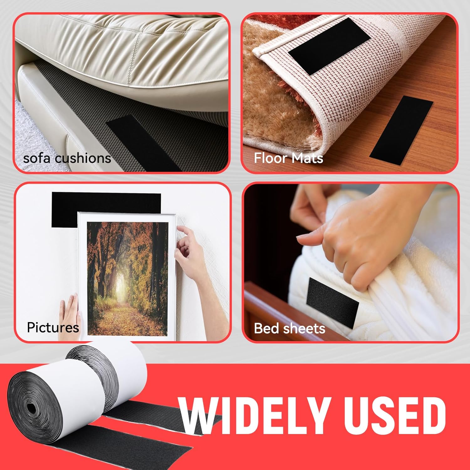 4''×20 Feets Black Nylon Hook and Loop Tape – Heavy Duty Sticky Back Self-Adhesive Strips, Cut-to-Size for Keep Sofa Cushions, Seat Covers, Carpets, Rugs in Place for Home, Office, School