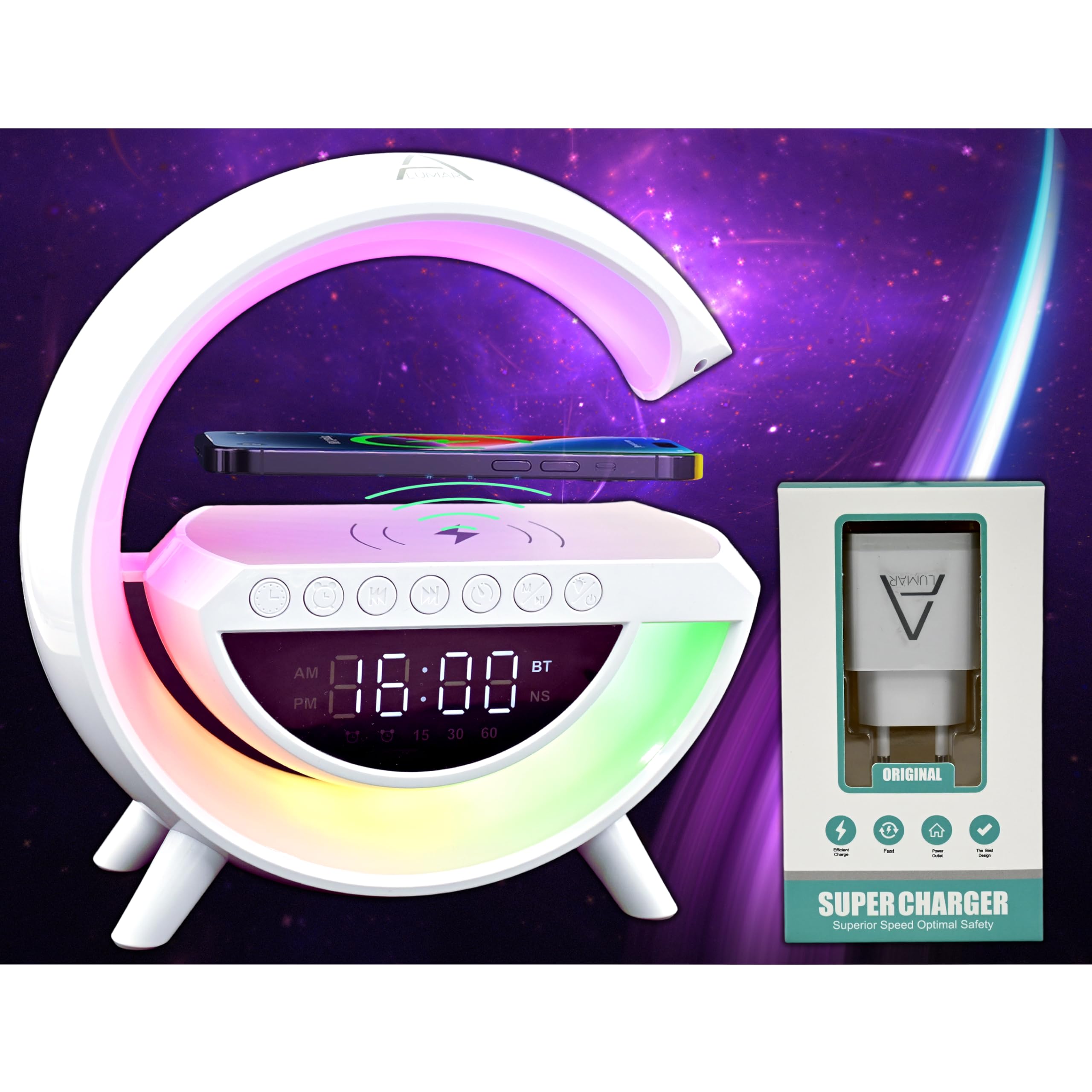 Lámpara de Mesa LED RGB Inteligente 6 en 1 Grande con Forma de G, Altavoz Bluetooth, Radio FM, Reloj Despertador, Cargador Inalámbrico 15W, Lámpara de Luz Nocturna RGB Regulable, Adultos, Niños.