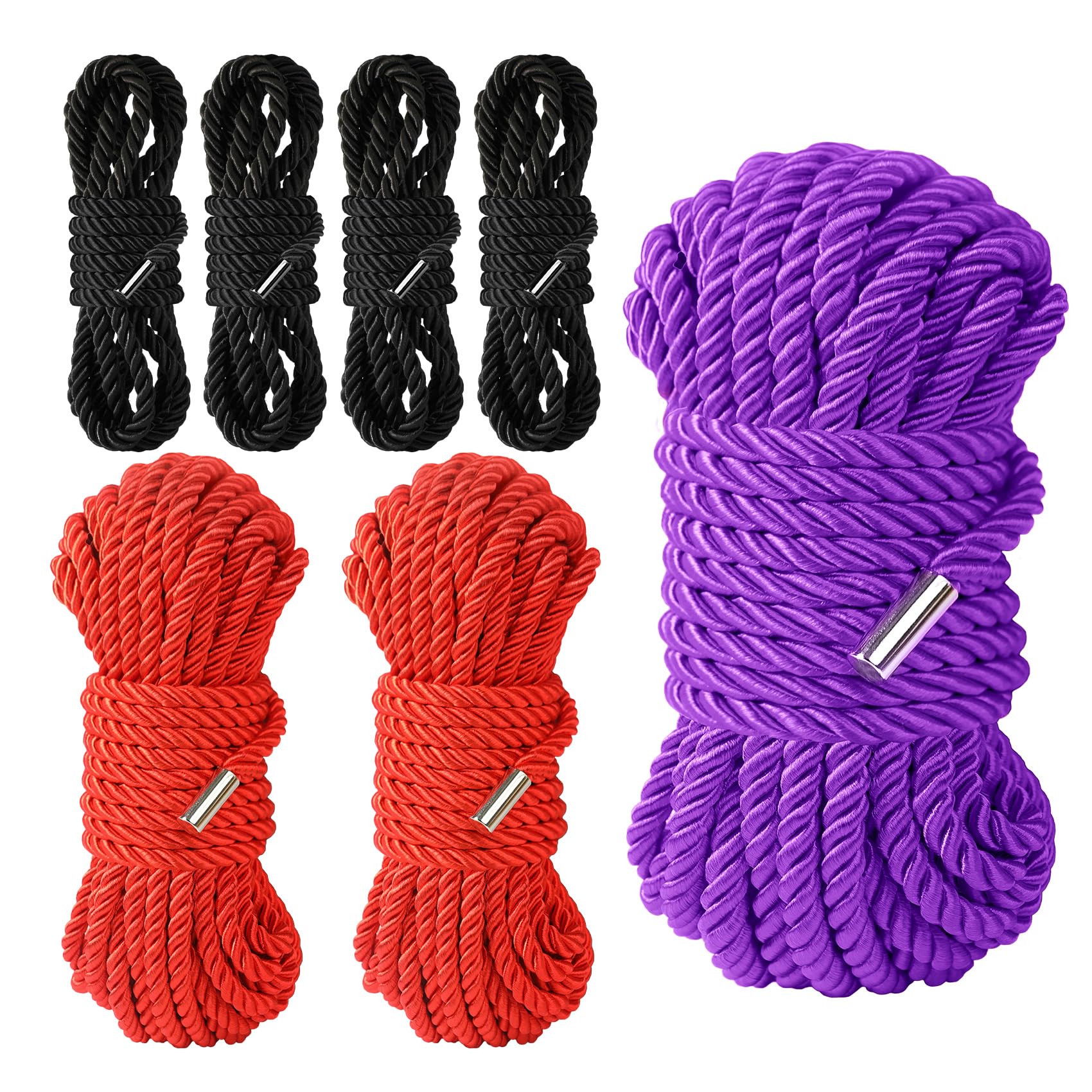 BDSM Shibari Sex Bondage Restraint Rope - Soft Tie-Ups for Women, Long Restraining Multipurpose Sex Restraints, Adult Sex Toys for Women, Men & Couples (4x8ft Black+2x16ft red+32ft Purple)