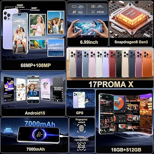 Miniatura 7 de 17PROMA X Teléfono desbloqueado  Teléfono celular Android 15.0  16+512 GB Smartphone Pantalla HD de 6.99 pulgadas  Batería de larga duración 7000mAh