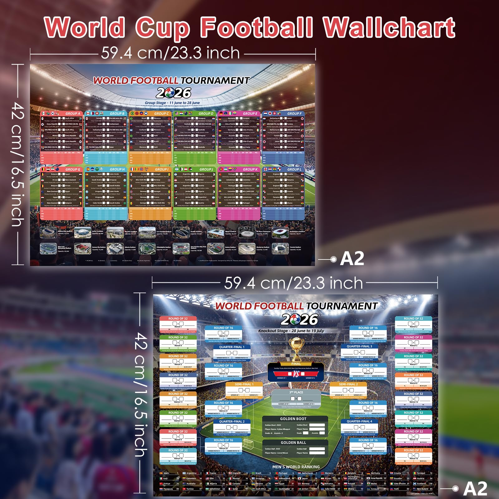 AhfuLife 2Pcs World Cup Football 2026 Wall Chart for Party Decorations - A2 Sizes World Cup WallChart Poster - Includes 48 Teams Group Knockout Final Results Wall Calendar (Folded, A2-42cm x 59.4cm) — view 2