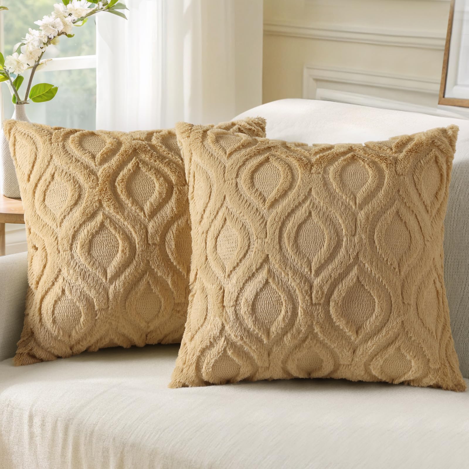 decorUhome Set of 2 Faux Fur Cushion Covers 65x65 cm, Decorative Soft Plush Fluffy Velvet Cushion Cover 26X26 Inch, Square Boho Neutral Pillow case for Sofa, Taupe